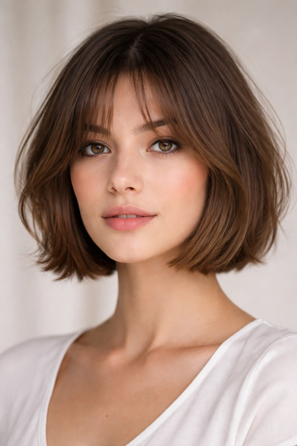 Chin-length bob with curtain bangs framing the face