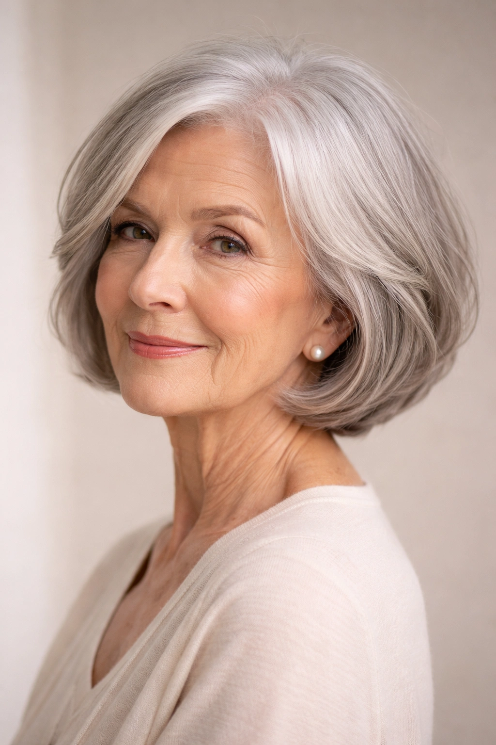 Senior woman with a chin-length bob framing the jawline