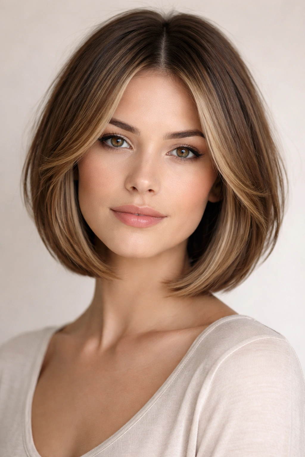 Chin-length bob with soft face-framing layers framing the face