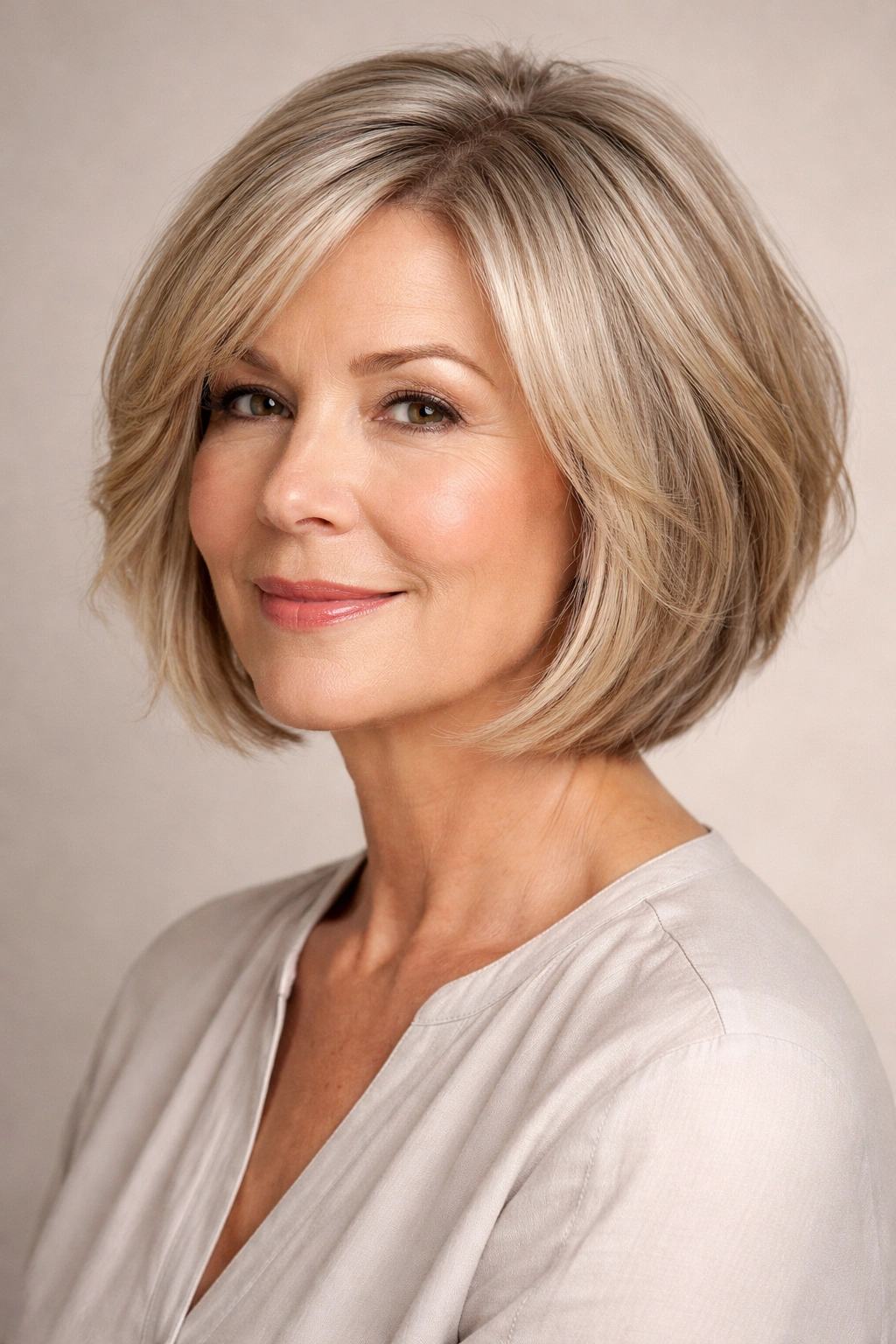 Chin-length textured bob showing face-framing layers