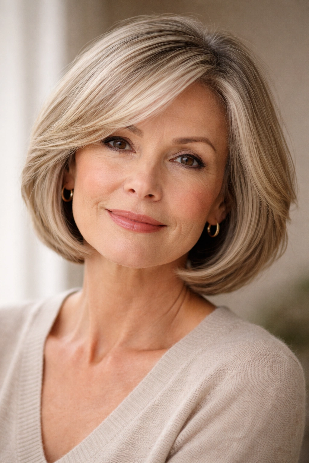 10 Short Haircuts For Older Women With Fine Hair 2 Close-up portrait of chin-length bob with soft layers and volume for fine hair