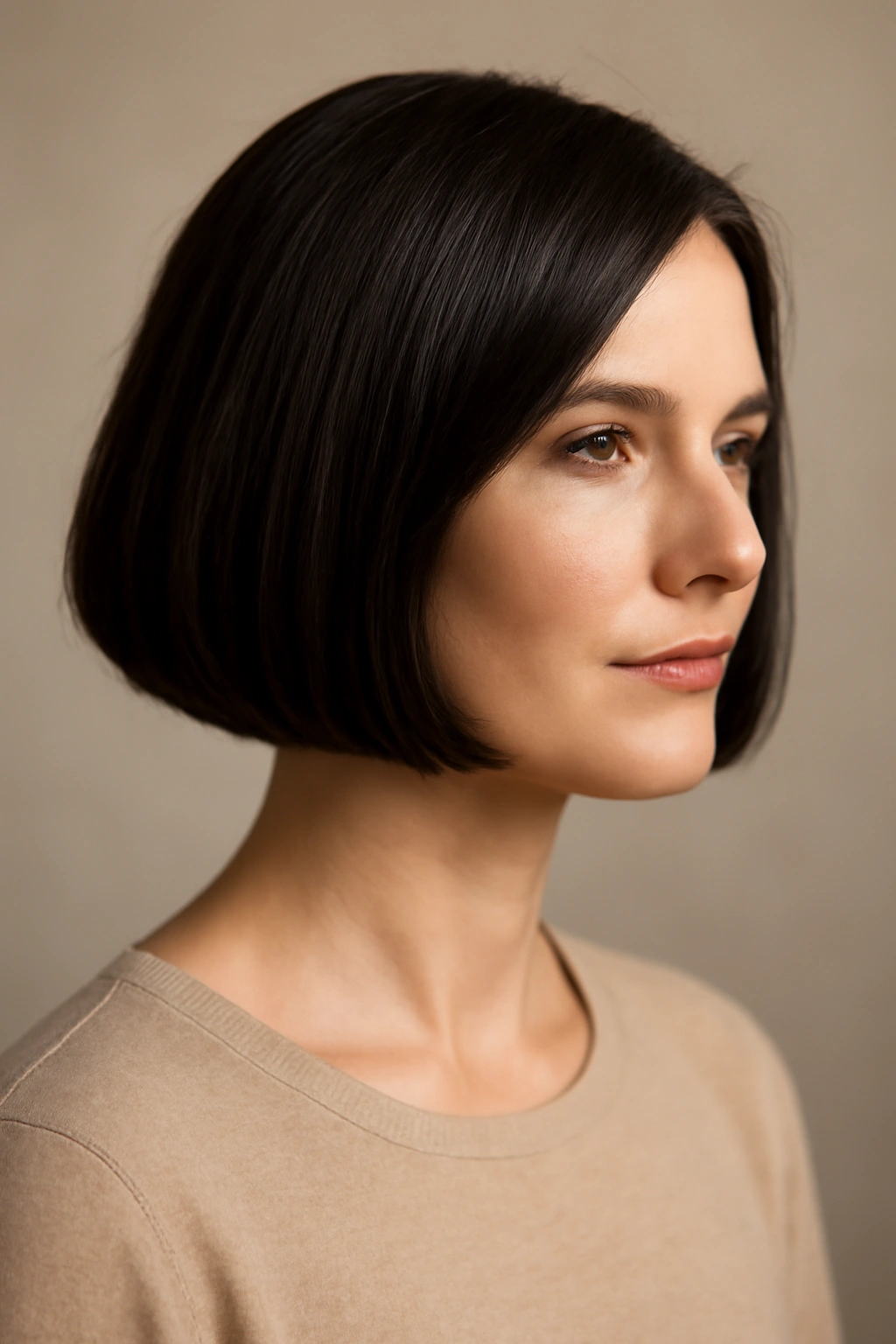 Mother of the Bride? 12 Pretty Short Hair Styles 1 Close-up of a classic chin-length bob with a blunt edge in a studio portrait.
