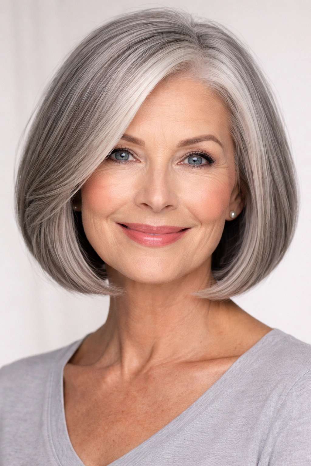 Close-up of a chin-length bob hairstyle on gray hair