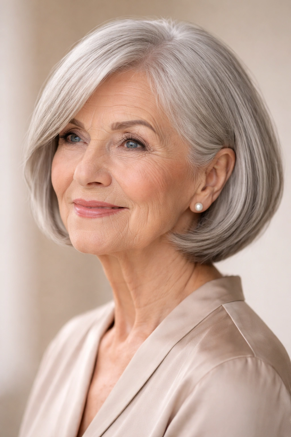Elderly woman with chin-length bob framing the jawline and gray hair