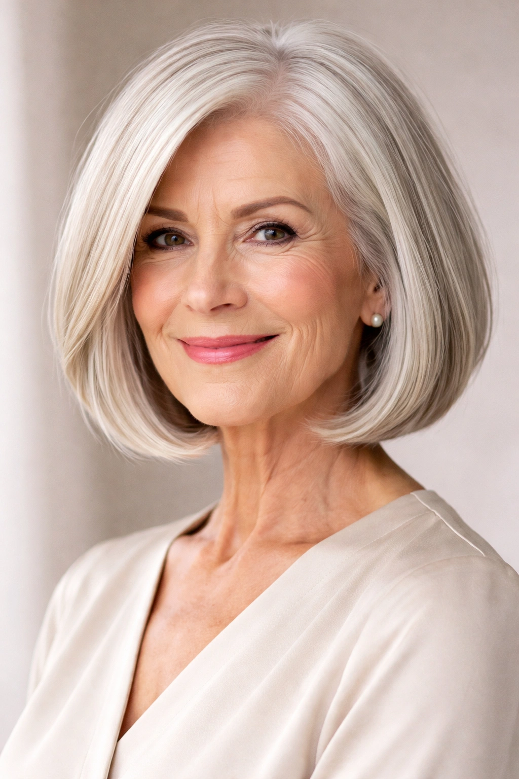Chin-length bob with a clean blunt edge and sleek lines on a portrait