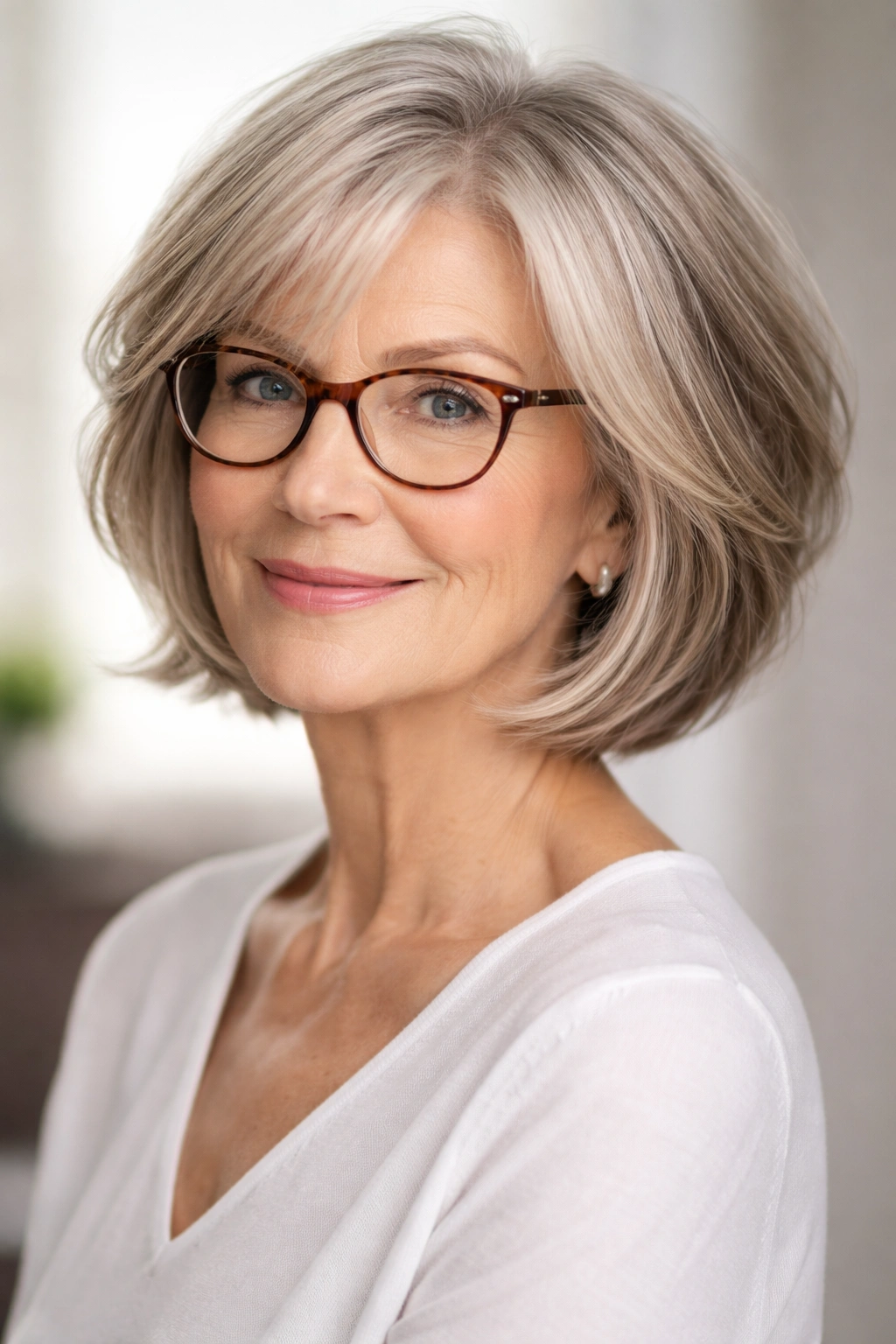 Woman with a chin-length layered bob showing subtle movement and layering.