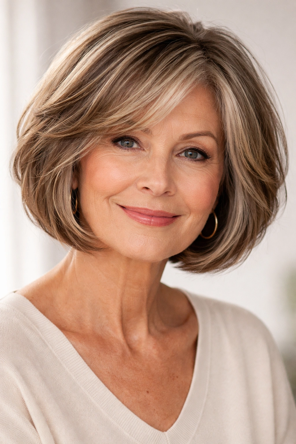 Chin-length textured bob with lowlights; close-up hair portrait emphasizing depth and volume.