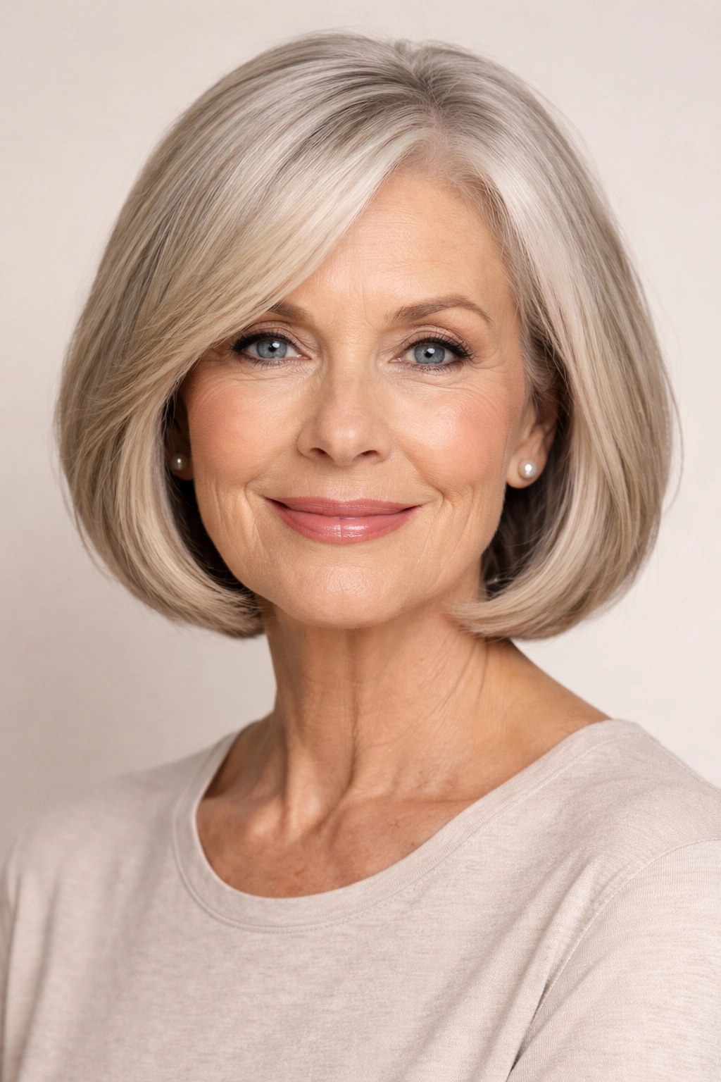 Mature woman with a chin-length bob, showing movement and polish.