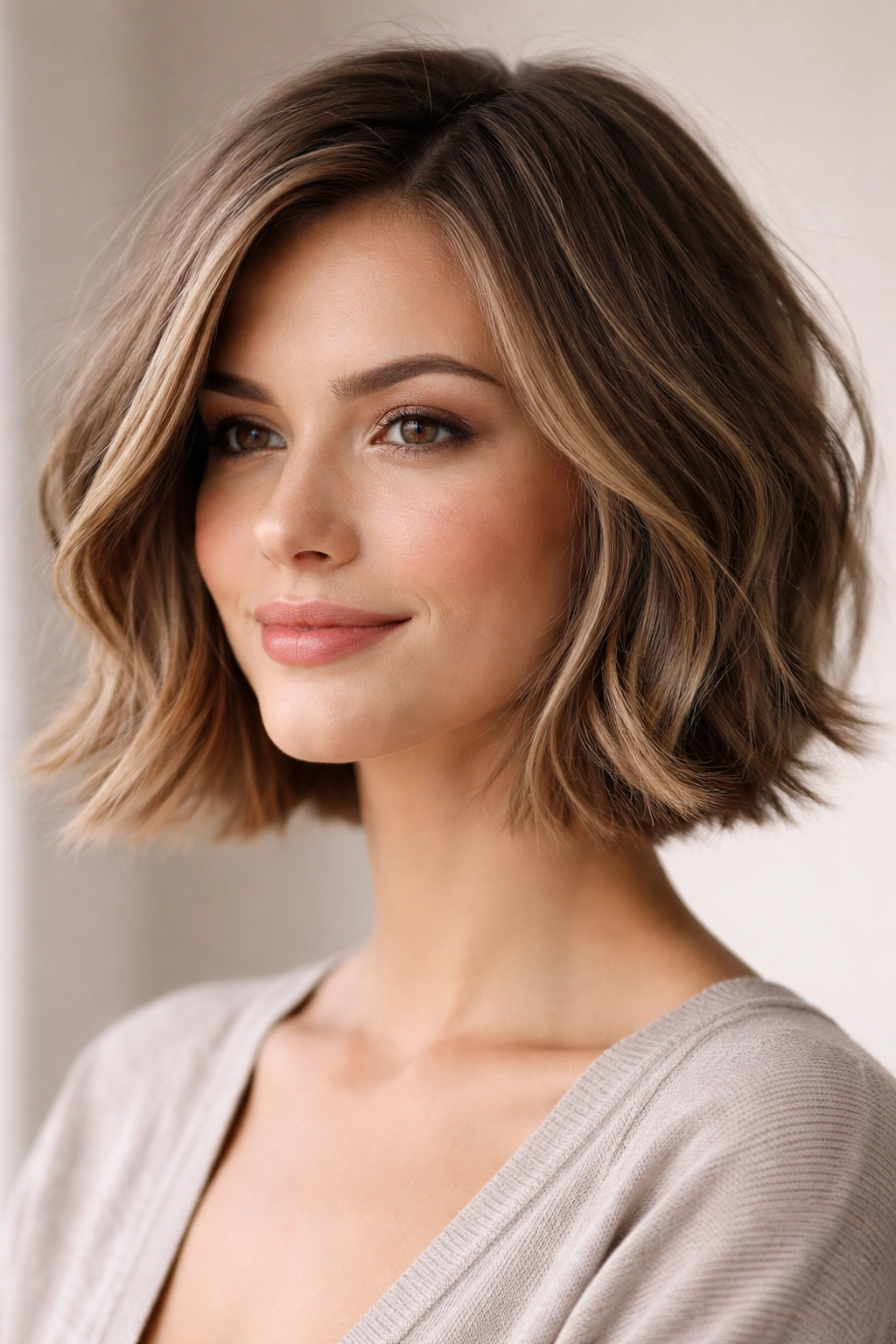 15 Haircuts That Shorten And Balance A Long Face 9 Chin-length bob with waves creating movement at the jawline