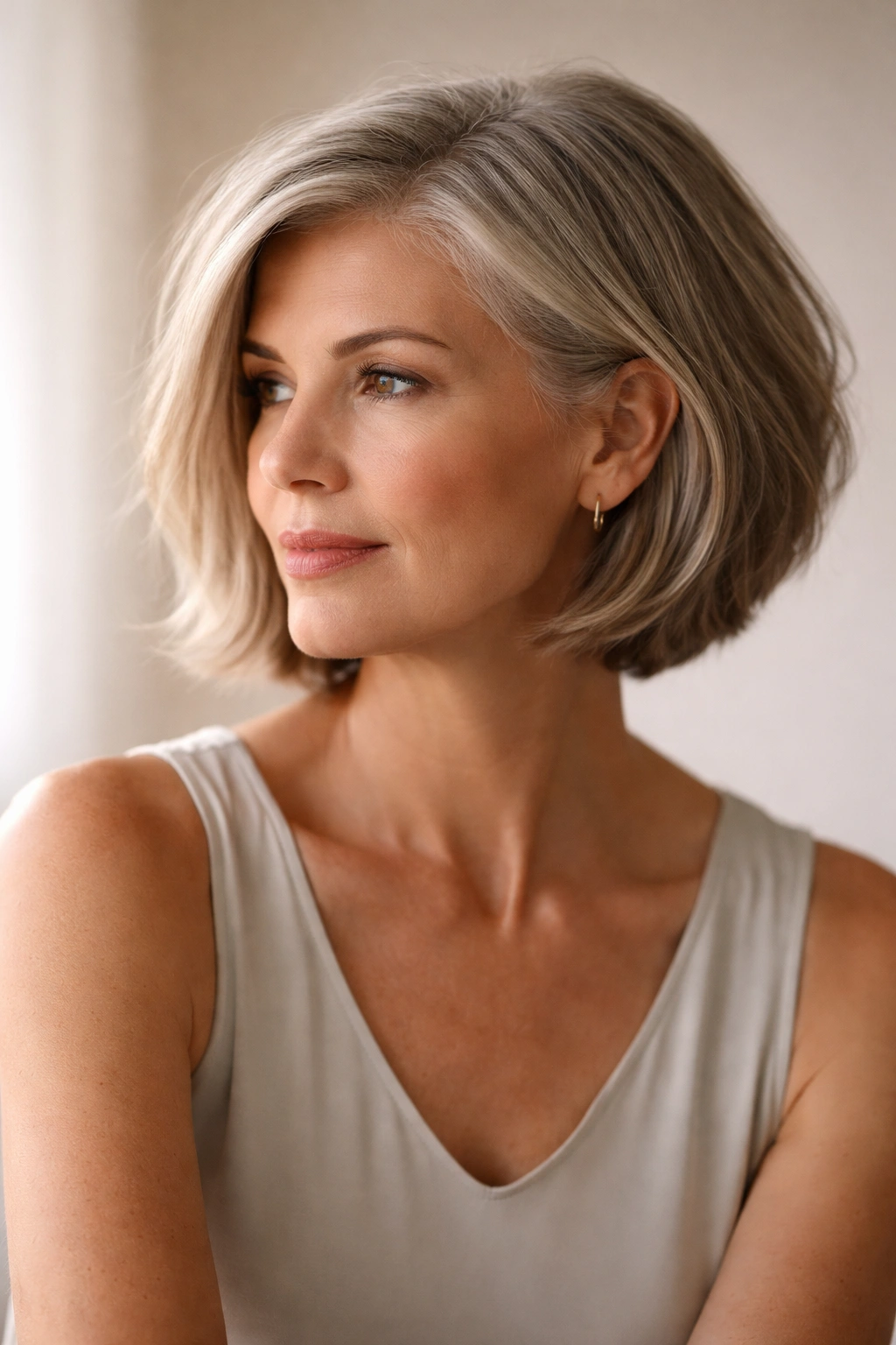 12 Chin Length Hairstyles For Women Over 50 13 Mature woman over 50 with a chin-length textured bob in a neutral studio background, contemplative pose.