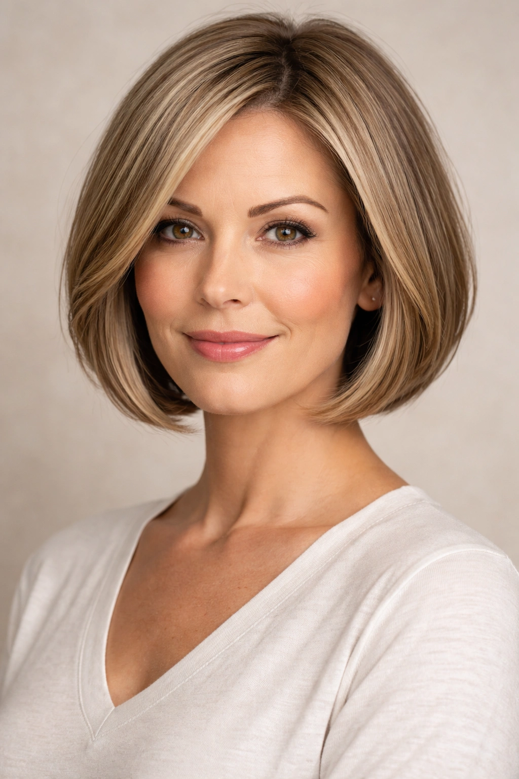 Close-up of a classic chin-length bob on a mature woman with face-framing layers