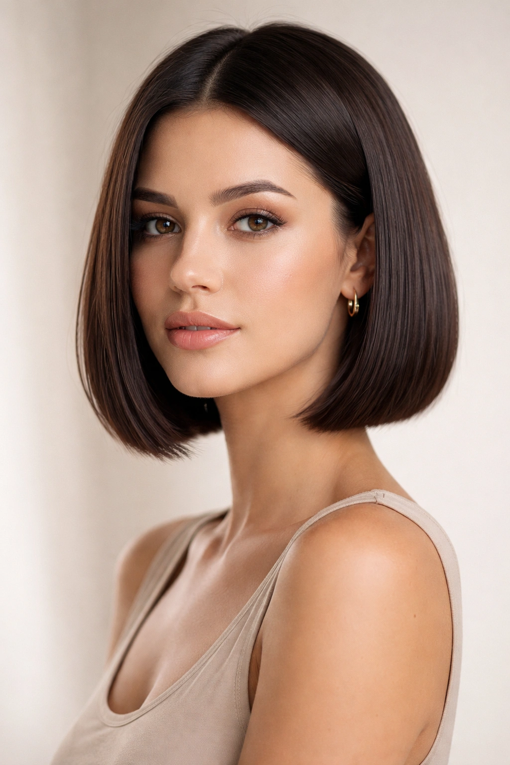 12 Chin Length Bobs That Suit Every Face Shape 13 Portrait of a model with a chin-length bob in studio lighting, highlighting sleek cut and texture