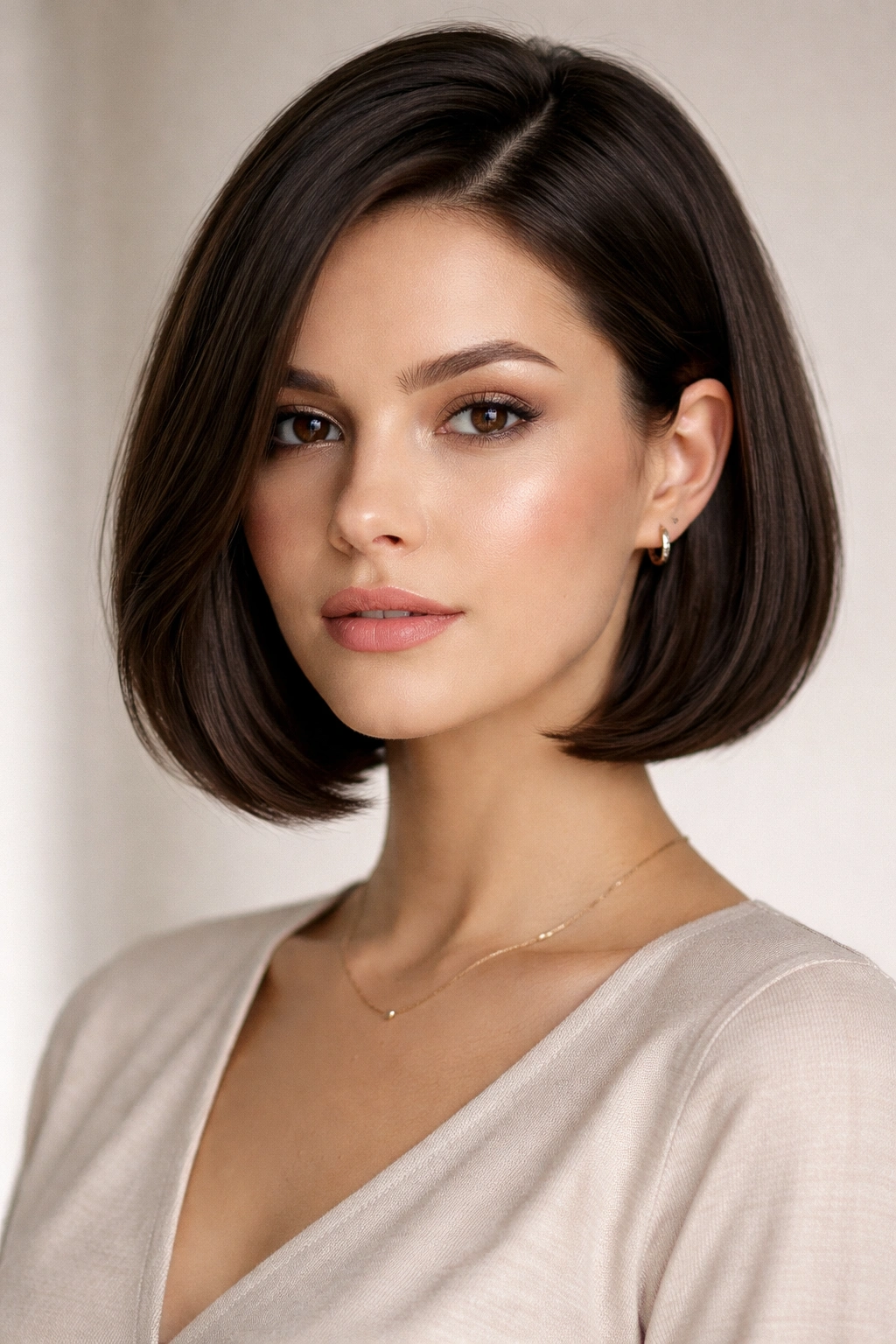 12 Chin Length Bobs That Suit Every Face Shape 1 Close-up portrait of a model with a classic chin-length bob and an inward curve at the ends