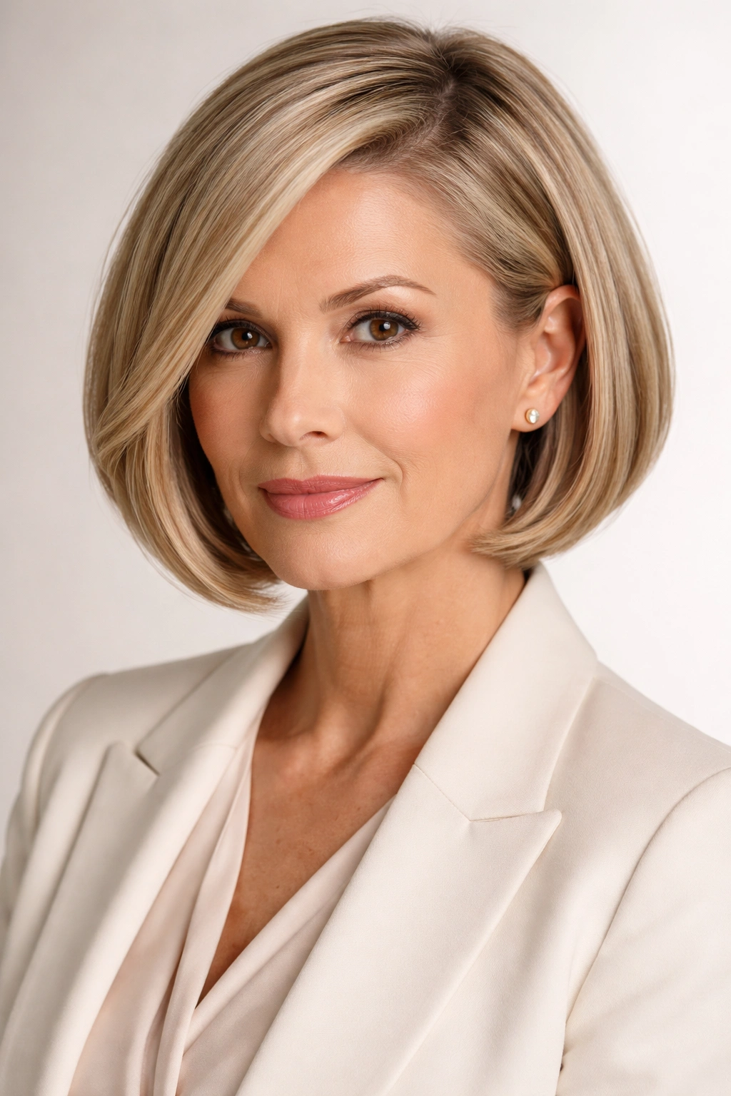 Chin-length bob with side part in studio portrait