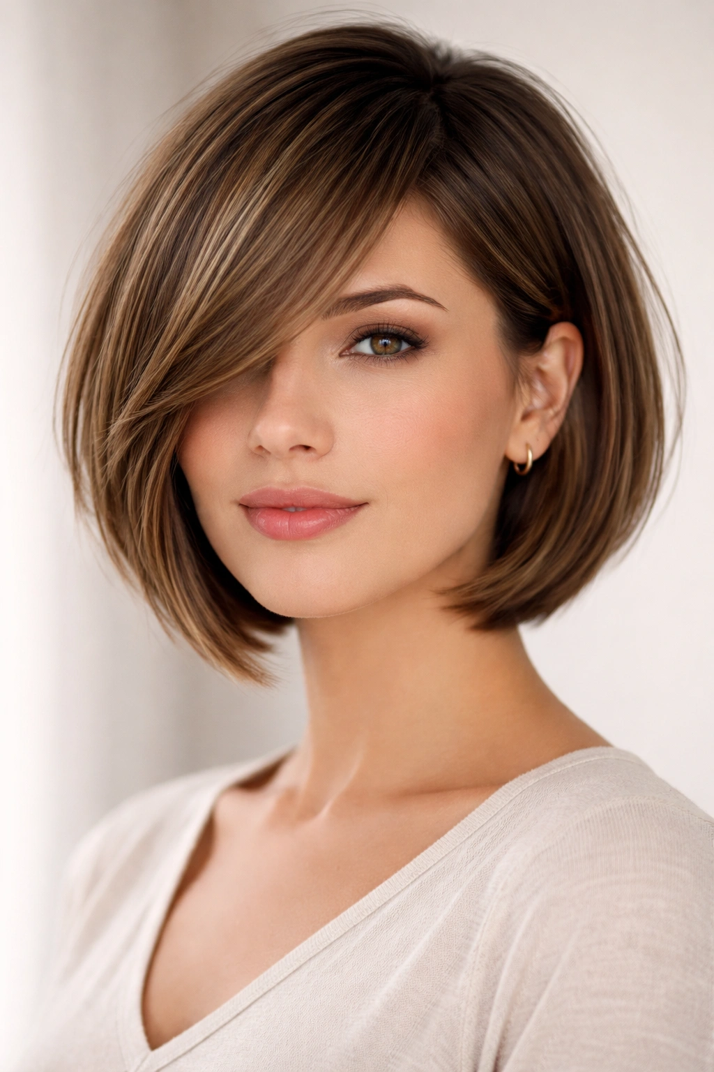 Chin-length bob with side-swept bangs on a model in a studio showing diagonal movement.