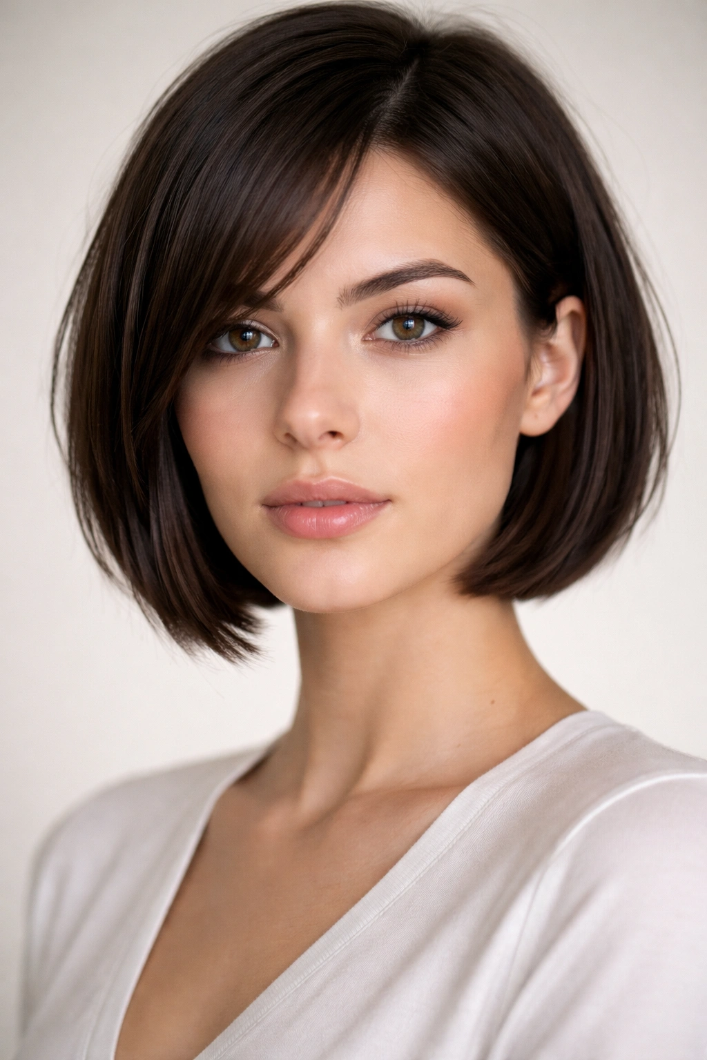 Chin-length layered bob on straight hair model with sleek, glossy finish
