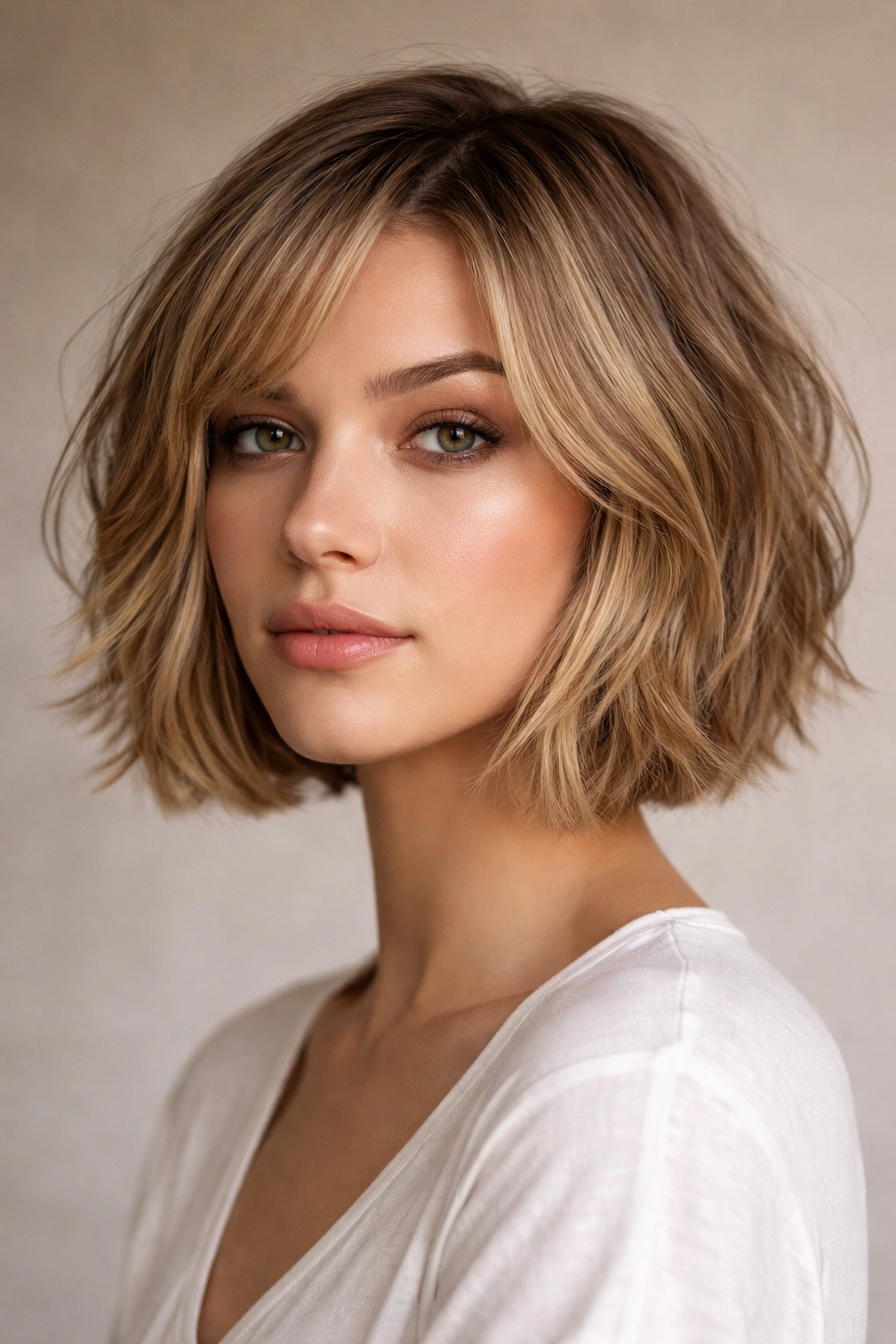 Close-up of chin-length textured bob with layered ends in studio light