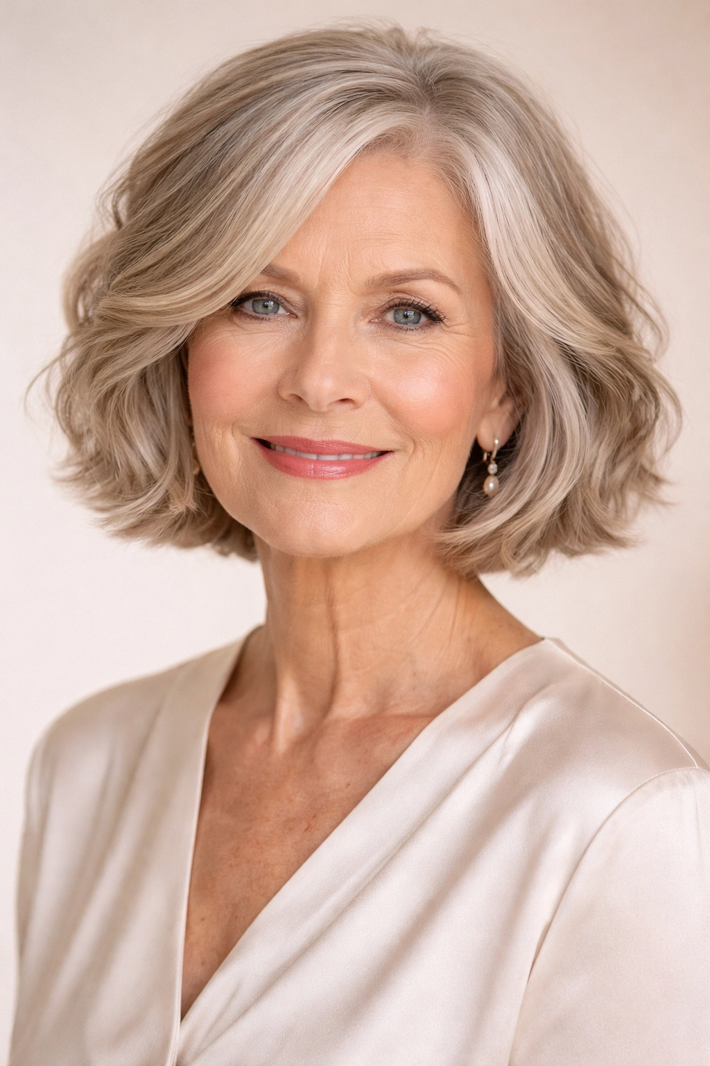 Chin-length bob with gentle waves on a mature woman