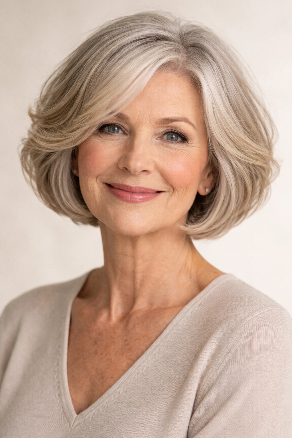 Close-up of a chin-length bob with gentle waves in a neutral studio