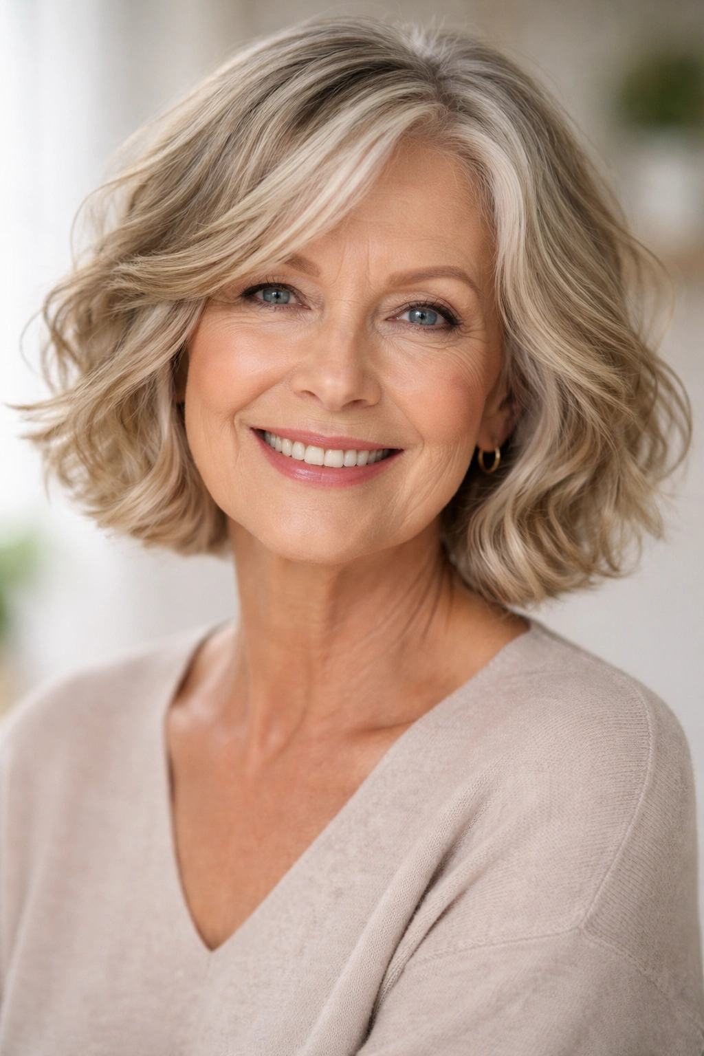 Woman with chin-length wavy bob and gentle waves in a bright studio