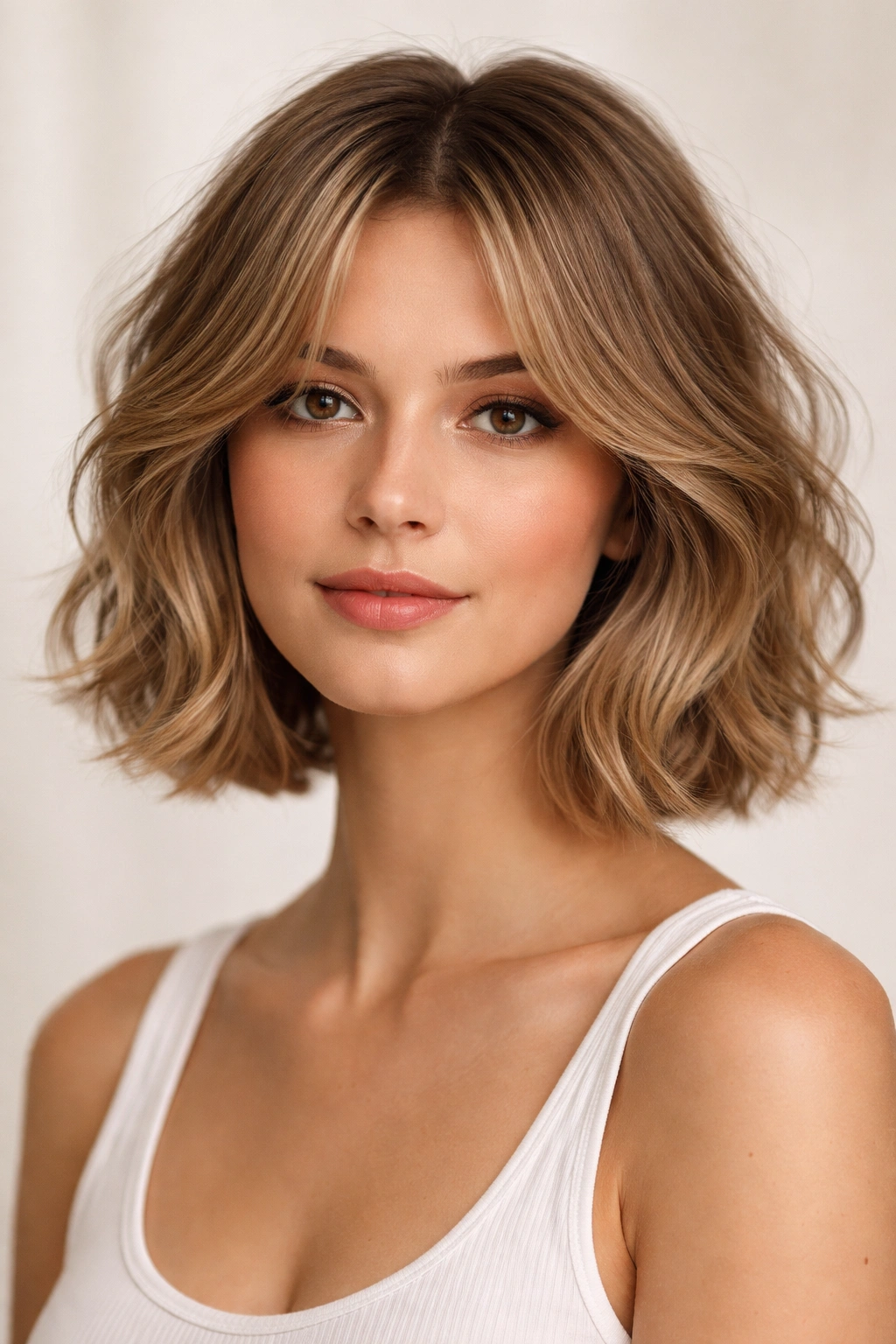 Wavy chin-length bob with center-parted curtain bangs