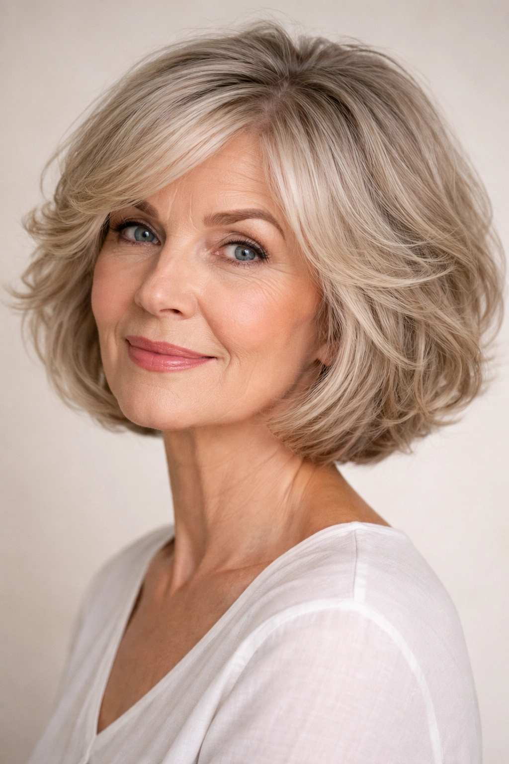 Close-up of a woman with a chin-length wavy bob featuring layered texture for fine hair