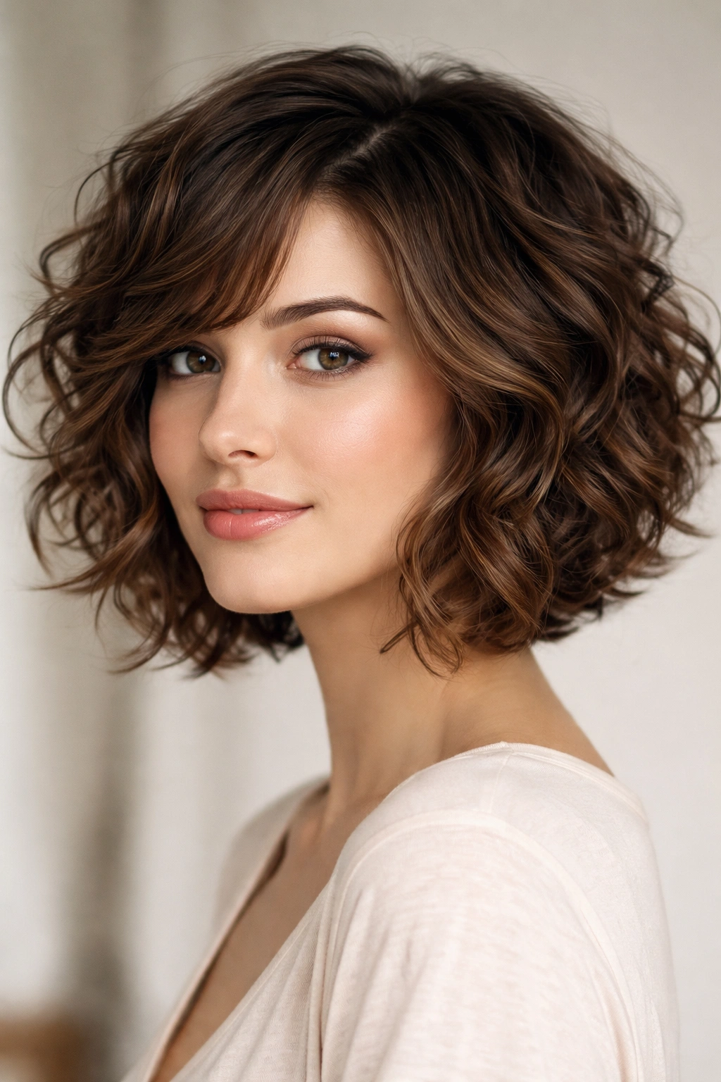 15 Curly Choppy Bobs With Volume And Bounce 3 Chin-length curly bob with side-swept layers framing the face