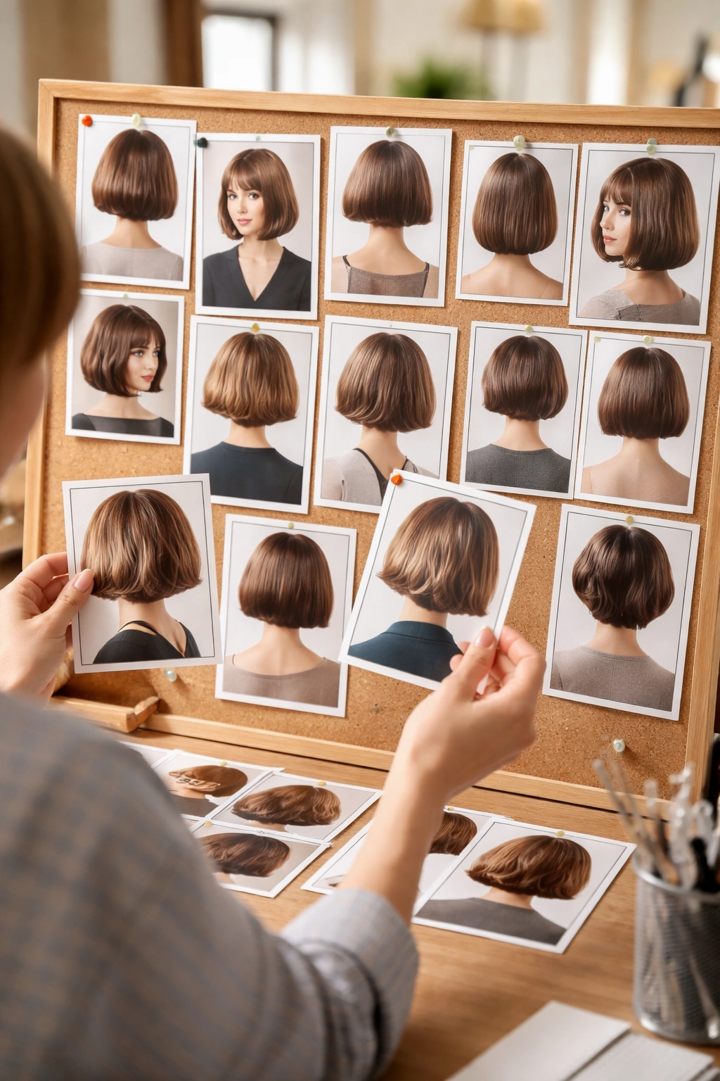 10 Chin Length Cuts For Round And Oval Faces 13 Person organizing chin-length haircut photos for consultation, showing front, side, and back views