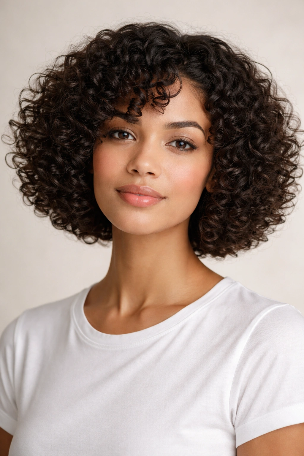 Close-up of a chin-length curly bob with uniform curls around the jawline
