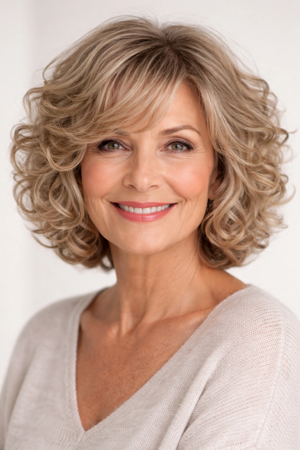 Close-up of a chin-length curly cut with side bangs