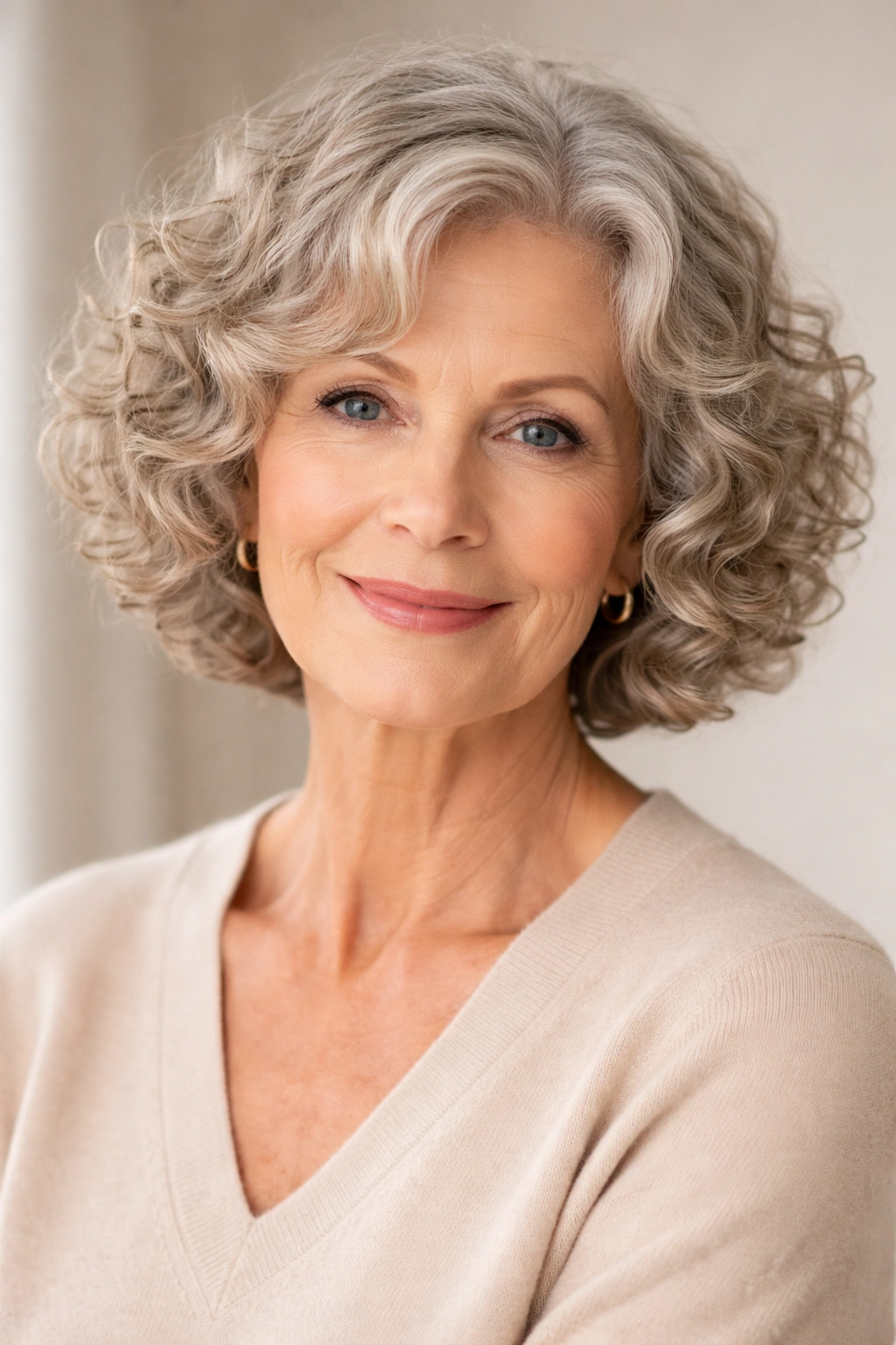 Chin-length curly bob framing the face