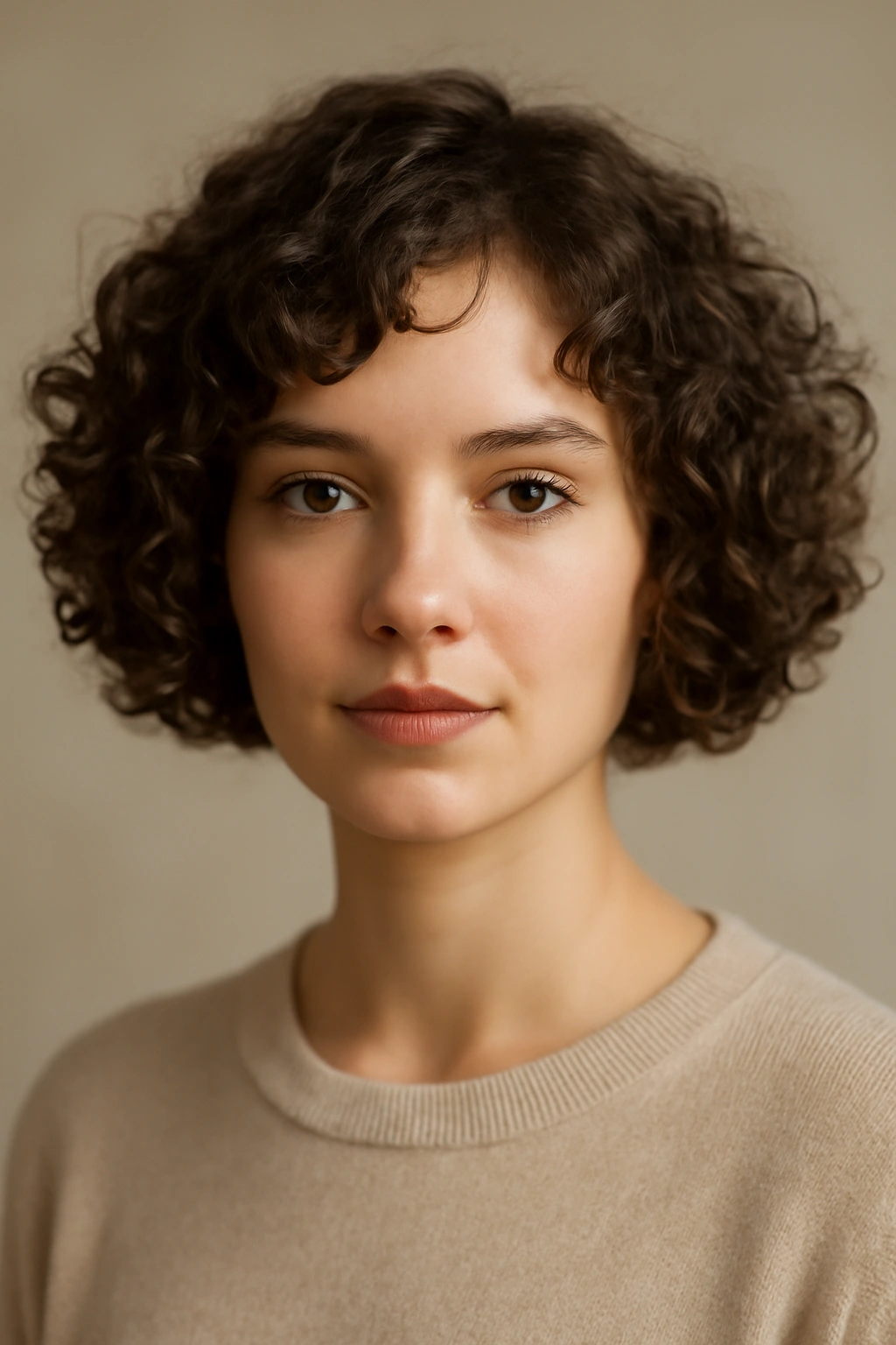 Close-up of a person with a chin-length curly bob showing defined ends.