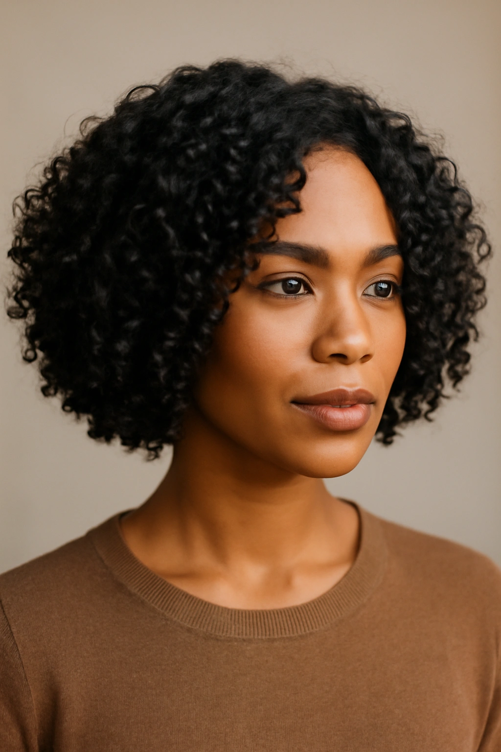 12 Bob Haircuts for Black Women Worth Bookmarking 5 Portrait of a Black woman with a chin-length curly bob and defined curls framing the face.