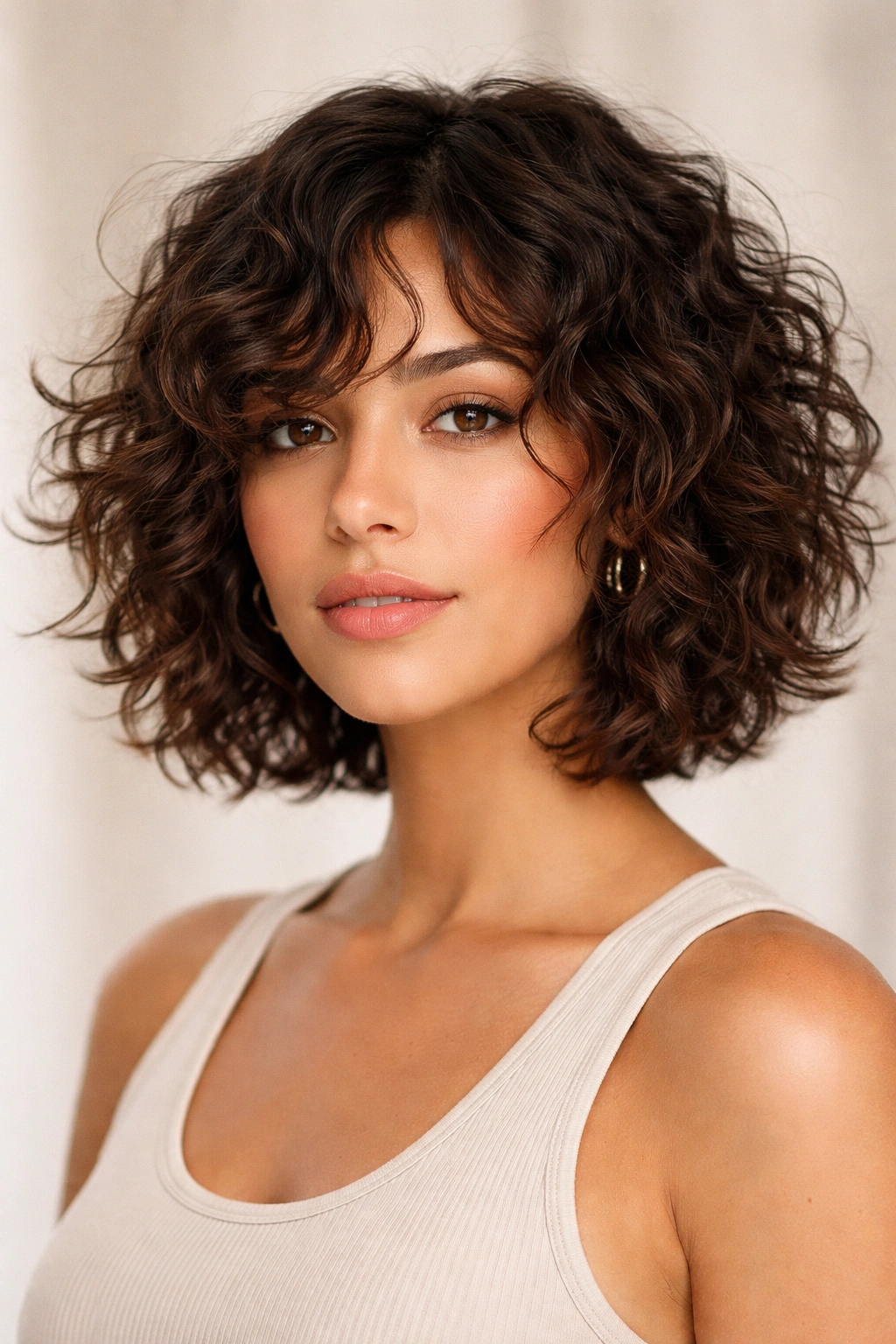 Close-up portrait of a curly chin-length cut with uneven layers