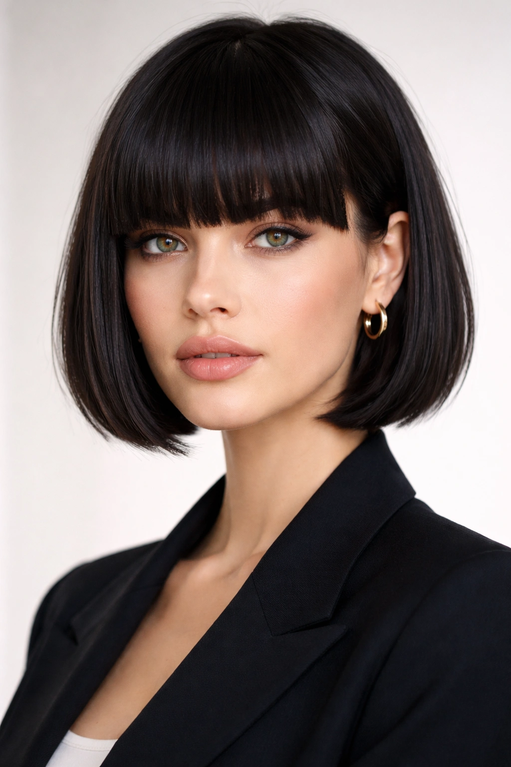 Head-and-shoulders portrait of a person with a chin-length cut and thick blunt bangs