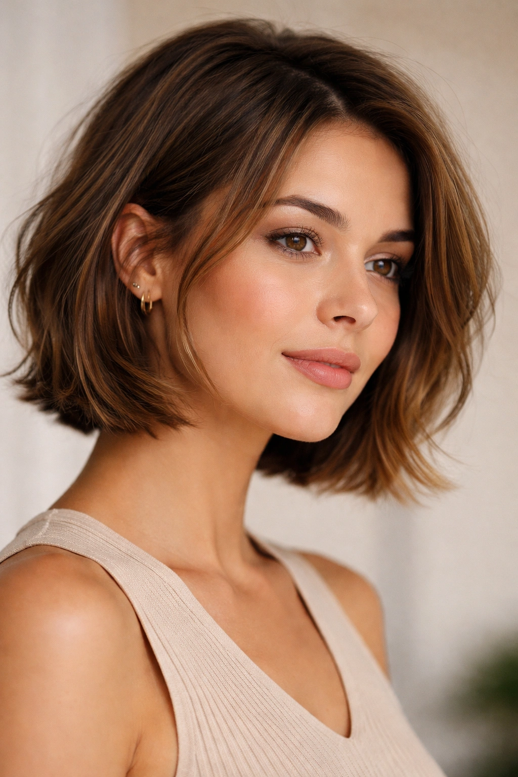 Model with chin-length cut highlighting round and oval face shapes in studio lighting