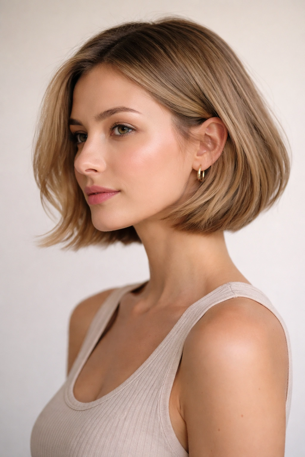 Portrait of a person with a chin-length haircut highlighting texture and silhouette