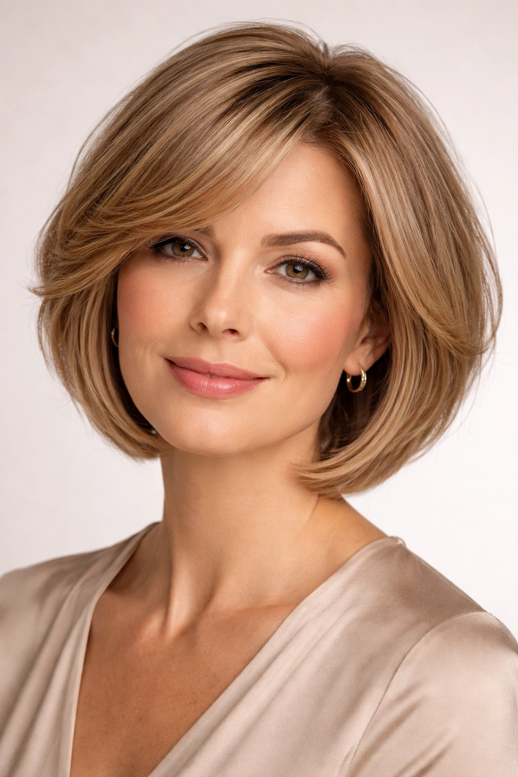 Close-up of chin-length layered bob on a mature woman