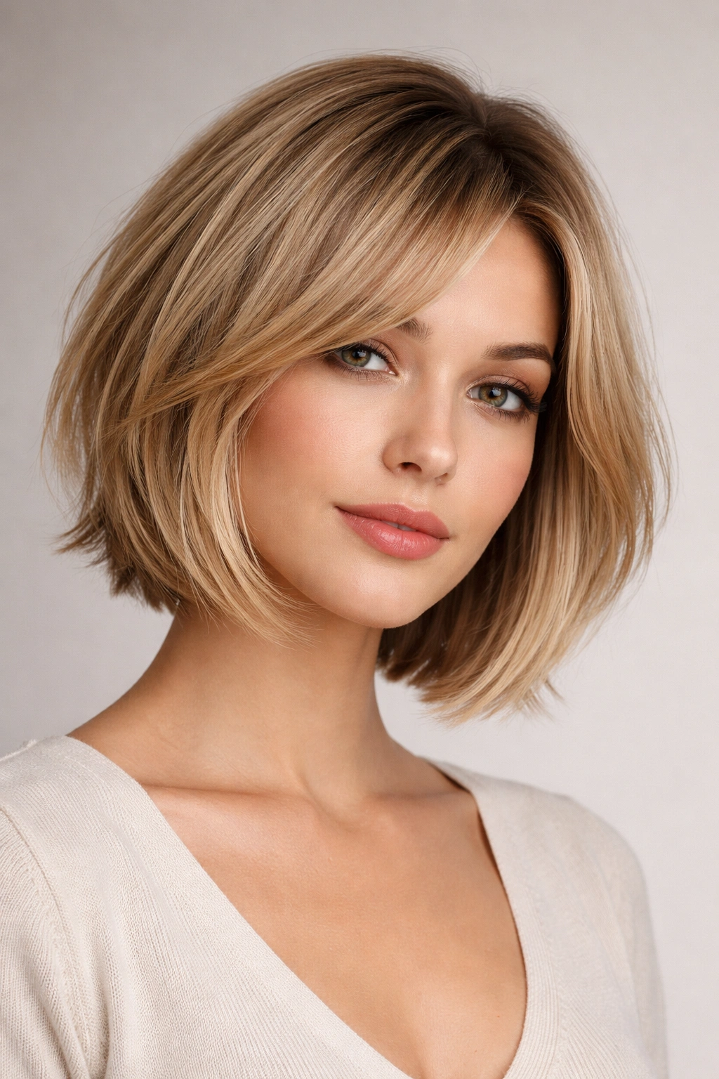 Model with chin-length layered bob showing angled layers and textured ends.