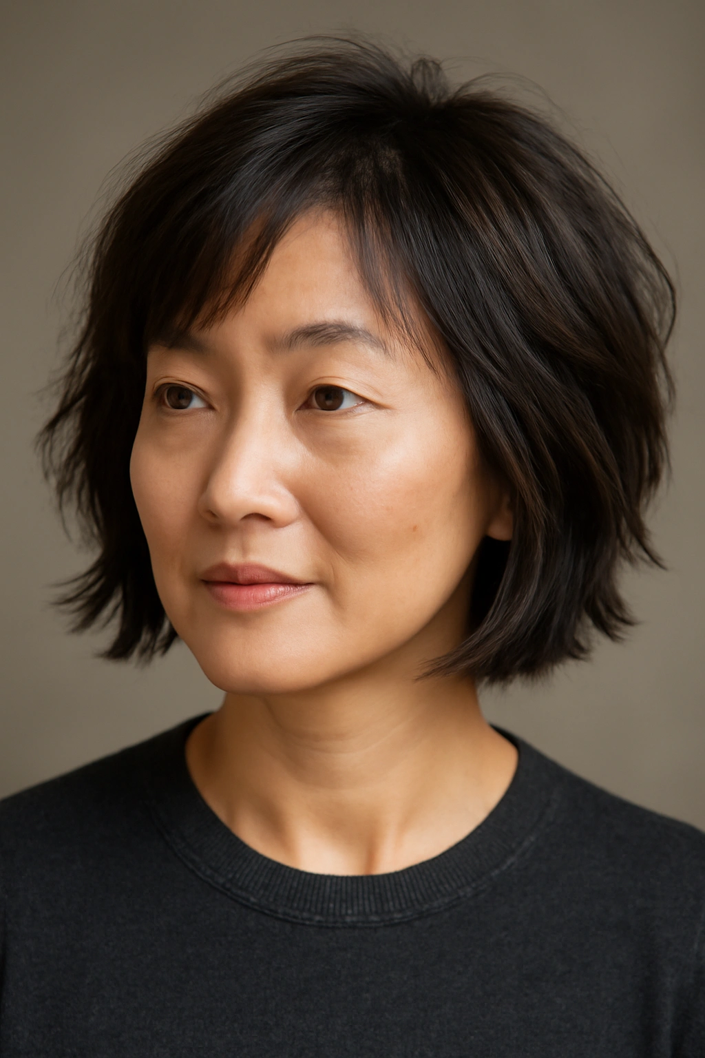 10 Short Haircuts for Asian Women Over 50 to Try 7 Close-up of a woman with a chin-length layered cut showing choppy layers and face framing.