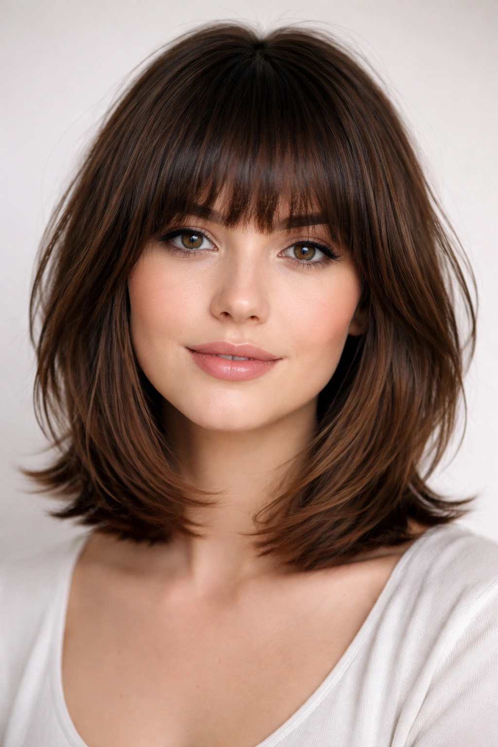 Front view of a chin-length layered lob with full bangs at eyebrow level