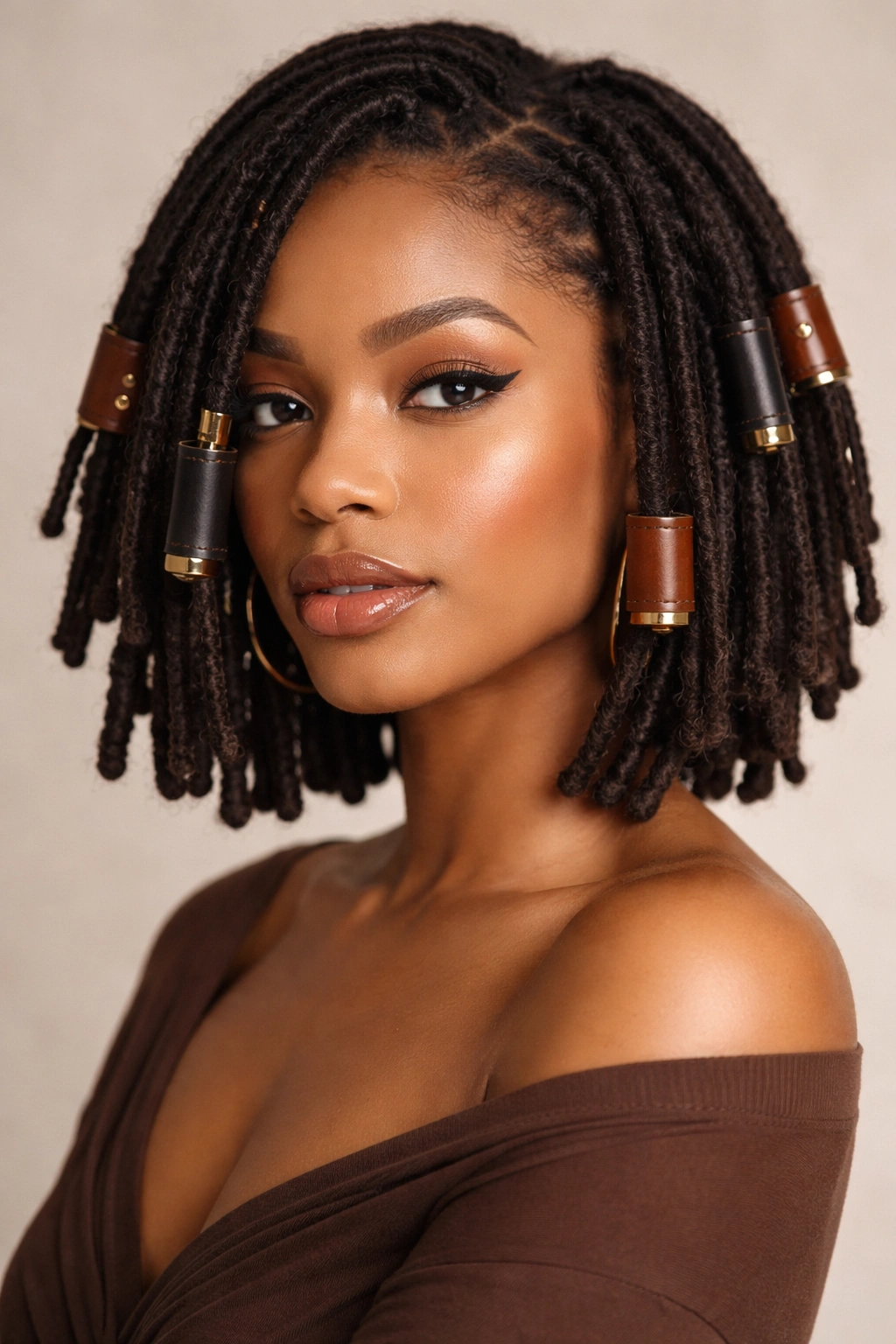 Close-up of chin-length locs with wide leather cuffs and gold hardware