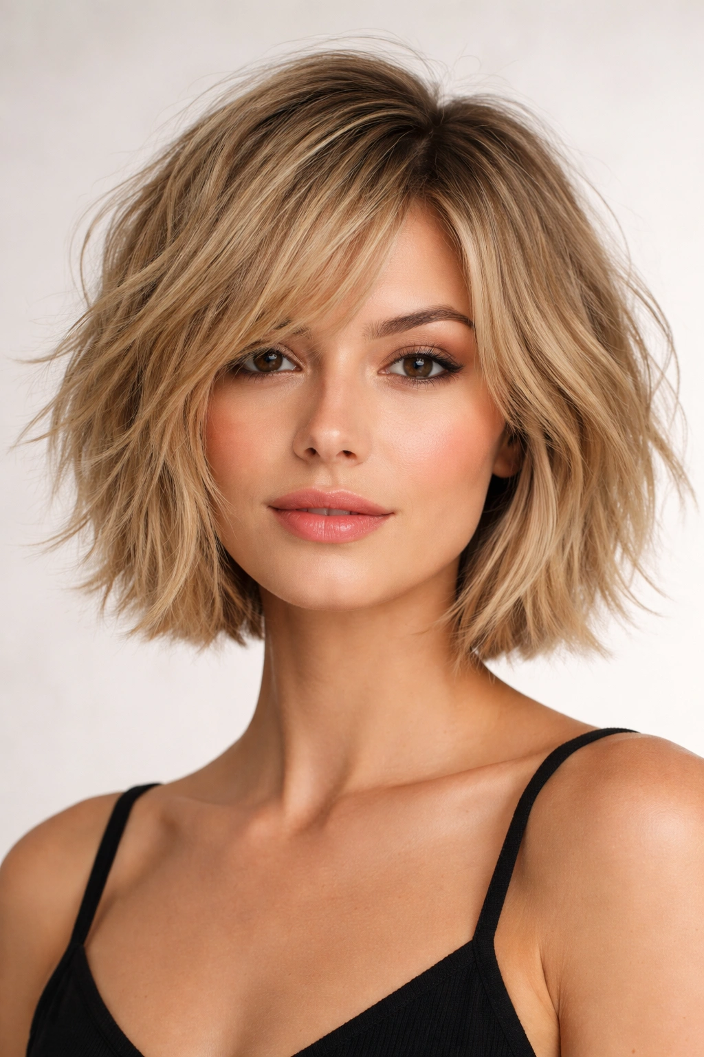 Front view of a fine-haired model wearing a chin-length piece-y bob with choppy layers.