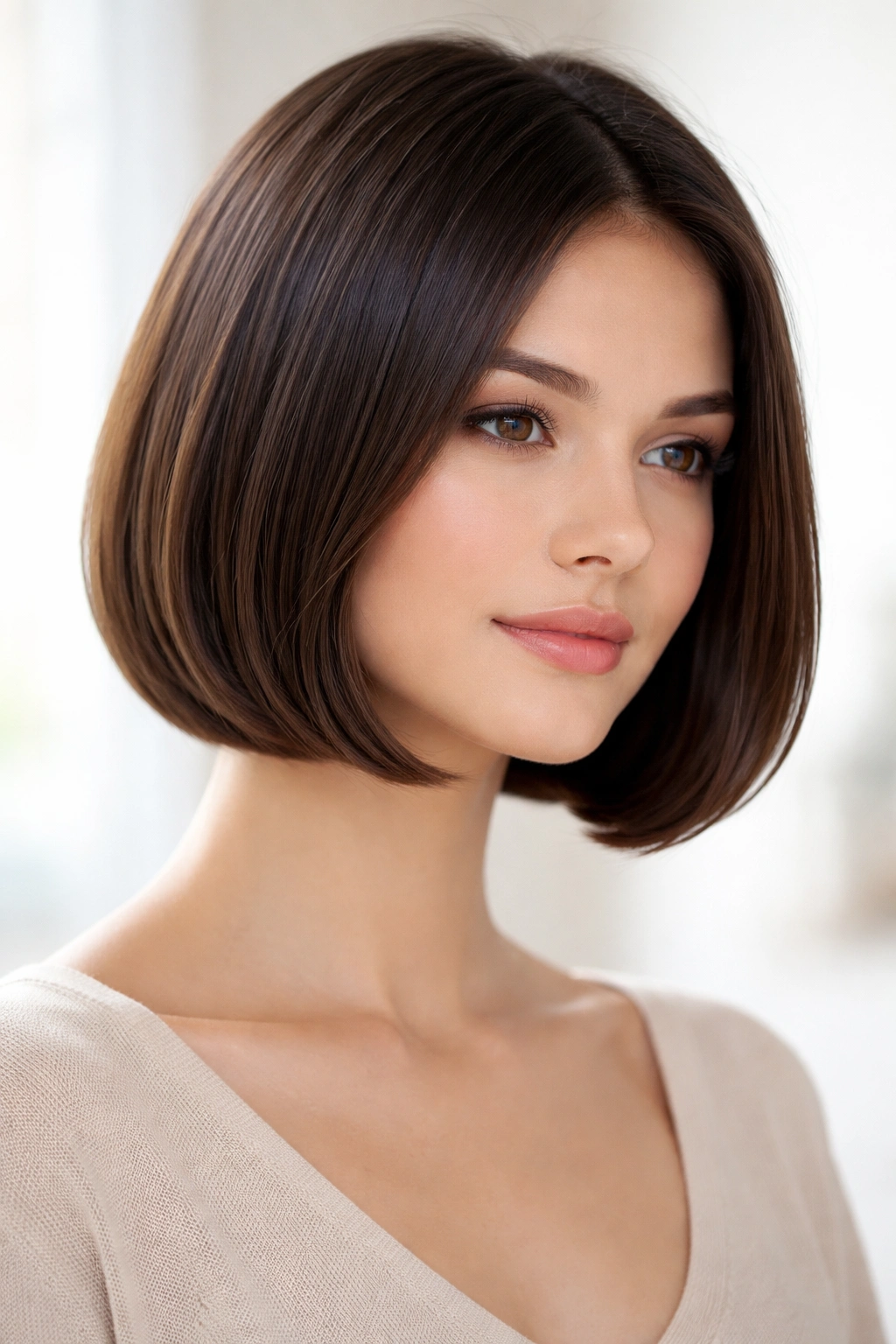 15 Sleek Medium Haircuts For Women With Straight Hair 6 Portrait of a chin-length rounded bob with soft curved ends on straight hair