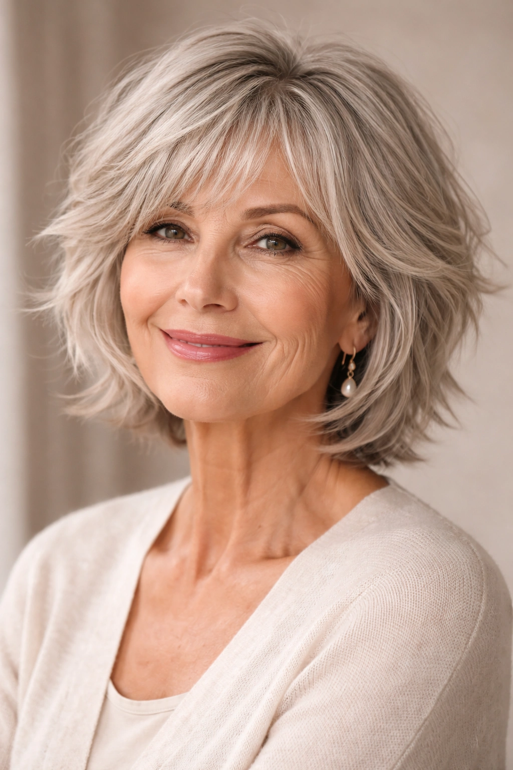 Senior woman with chin-length shag hairstyle showing texture.