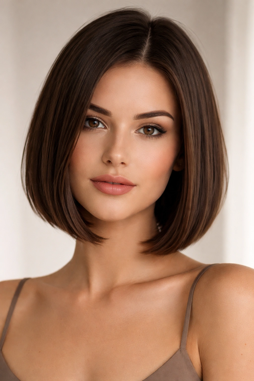 10 Sleek Bob Haircuts Made For Straight Hair 2 Close-up of chin-length sleek bob with blunt straight edges framing the face