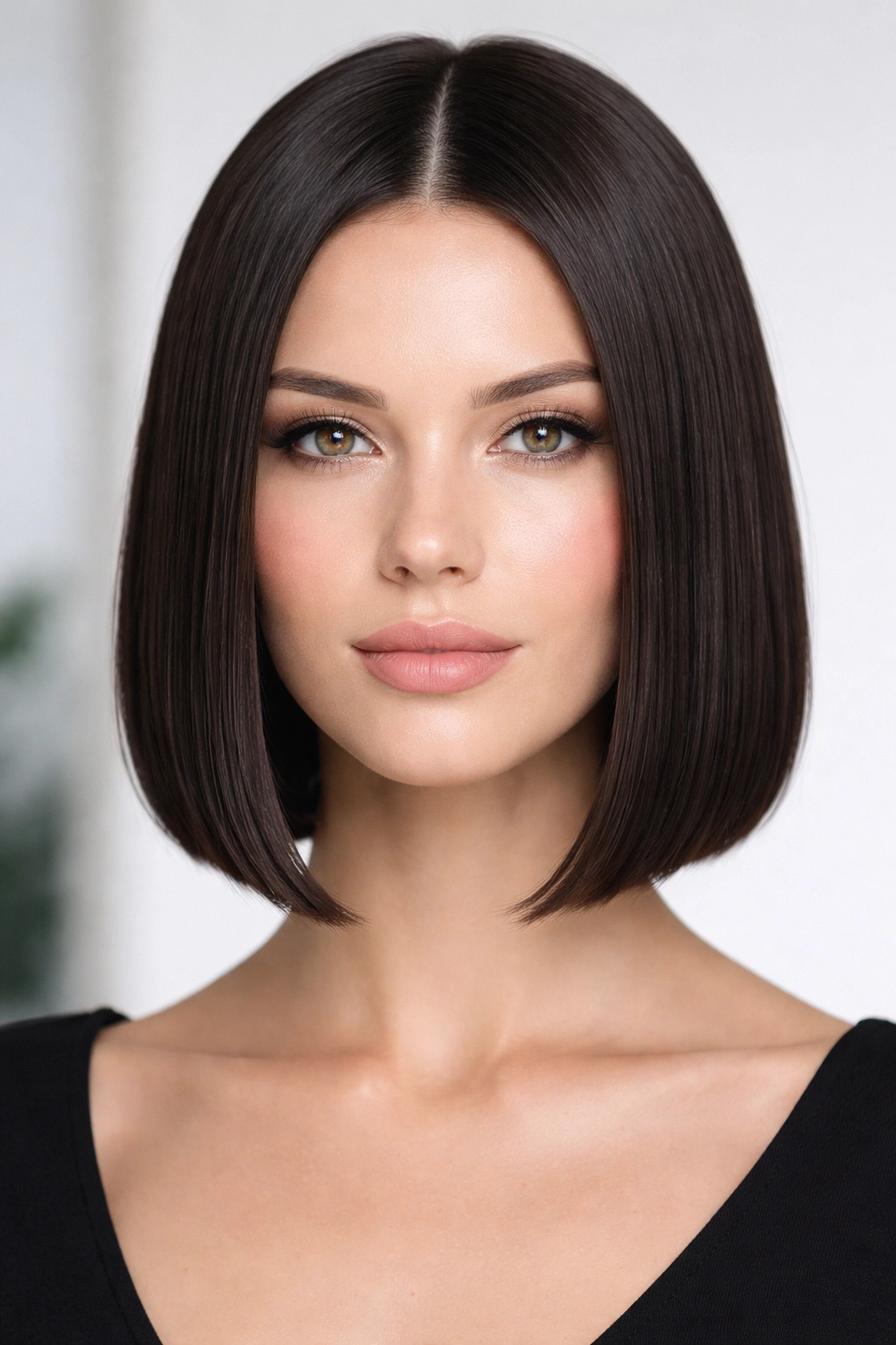Oblong face with chin-length sleek bob and center part