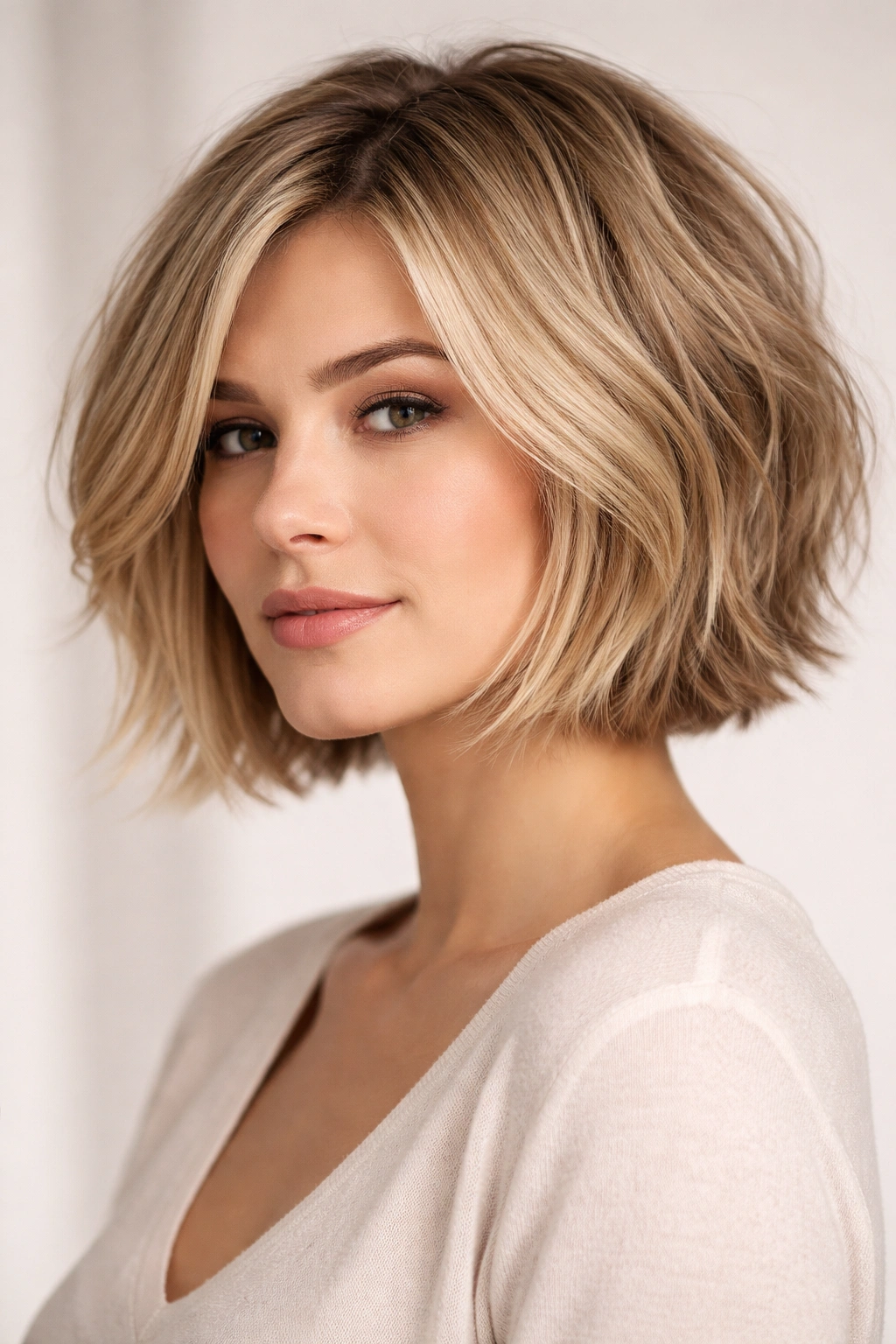 Three-quarter view of a chin-length textured bob with layered ends