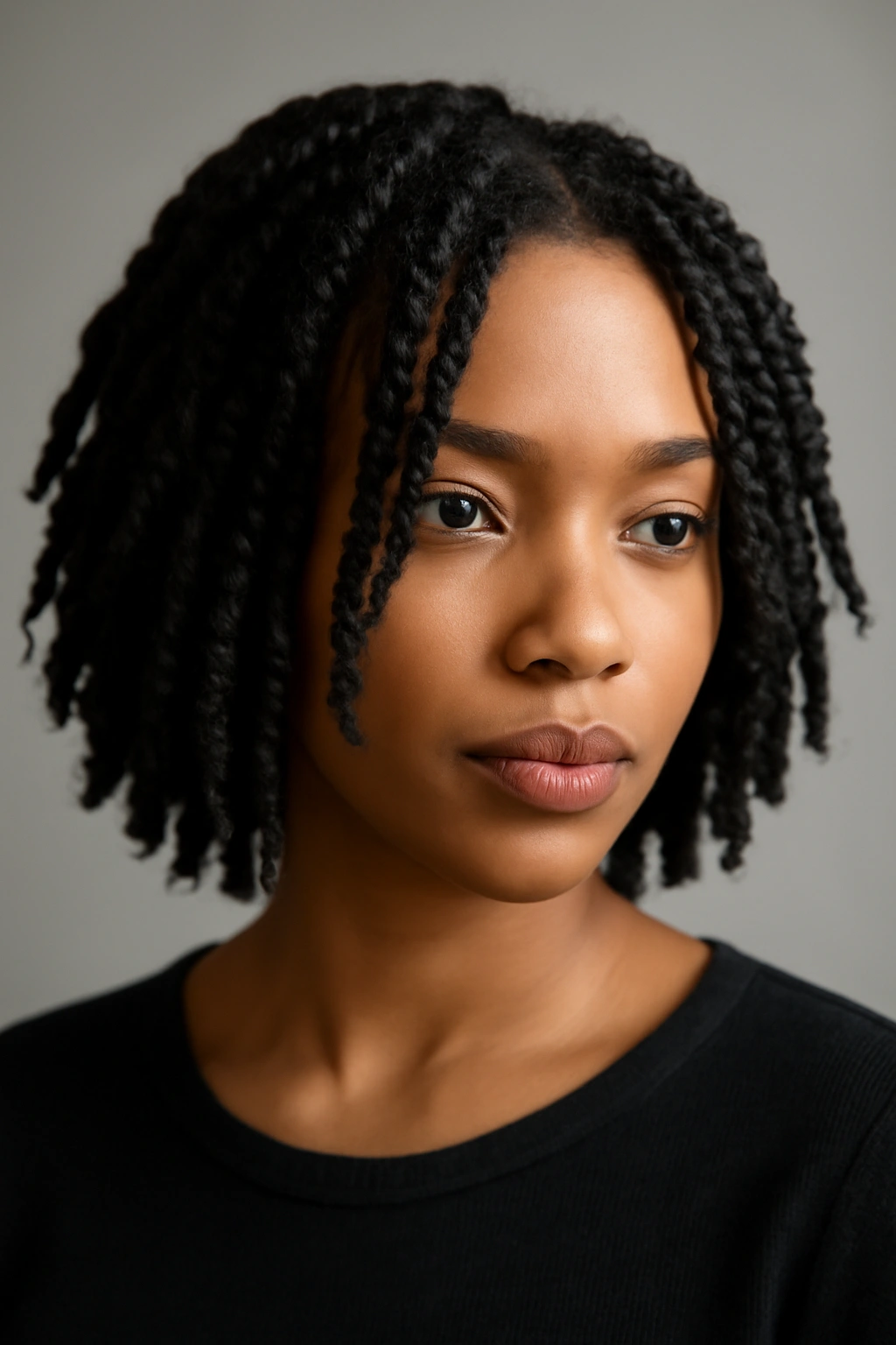 12 Passion Twist Styles to Try at Every Length 1 Close-up portrait of chin-length passion twists framing the face