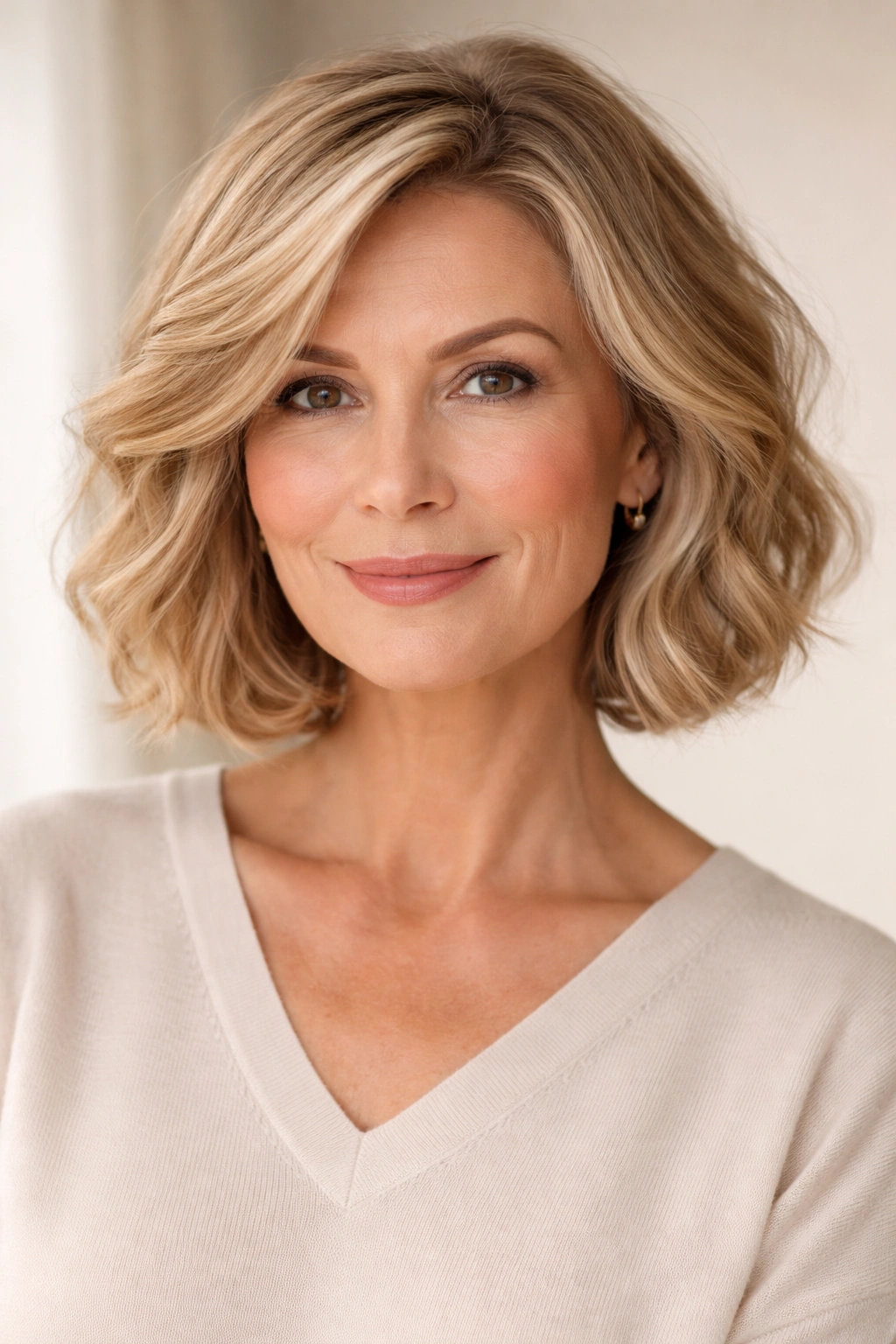 15 Youthful Haircuts That Flatter Older Women 5 Close view of a chin-length wavy cut on a mature woman, showing jaw-softening length